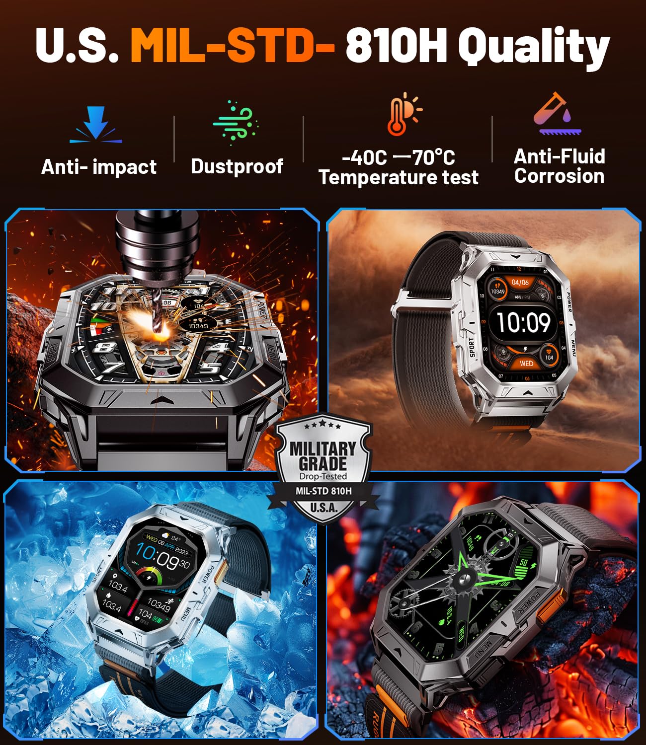 Hirreo Military Smart Watch For Men, 2.13'' Amoled Display Smartwatch, 80 Days Long Battery, 100+ Sport Mode Fitness Tracker Wat