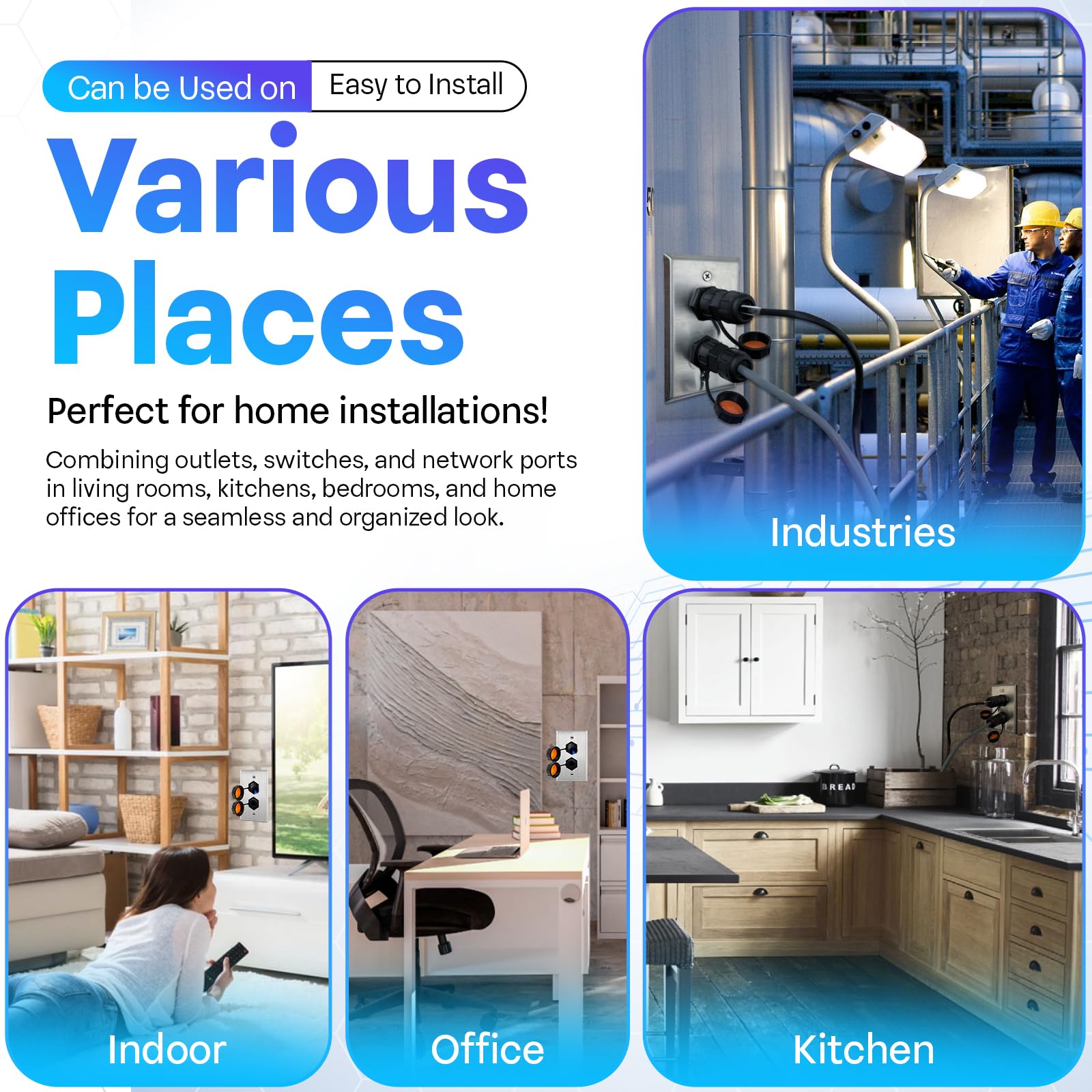 Ets Stainless Steel Dual Gang Wall Plate W/Double Ip68 Outdoor Rj45 Cat6 Jack Pass Through Jack Coupler Connection Type, Connect