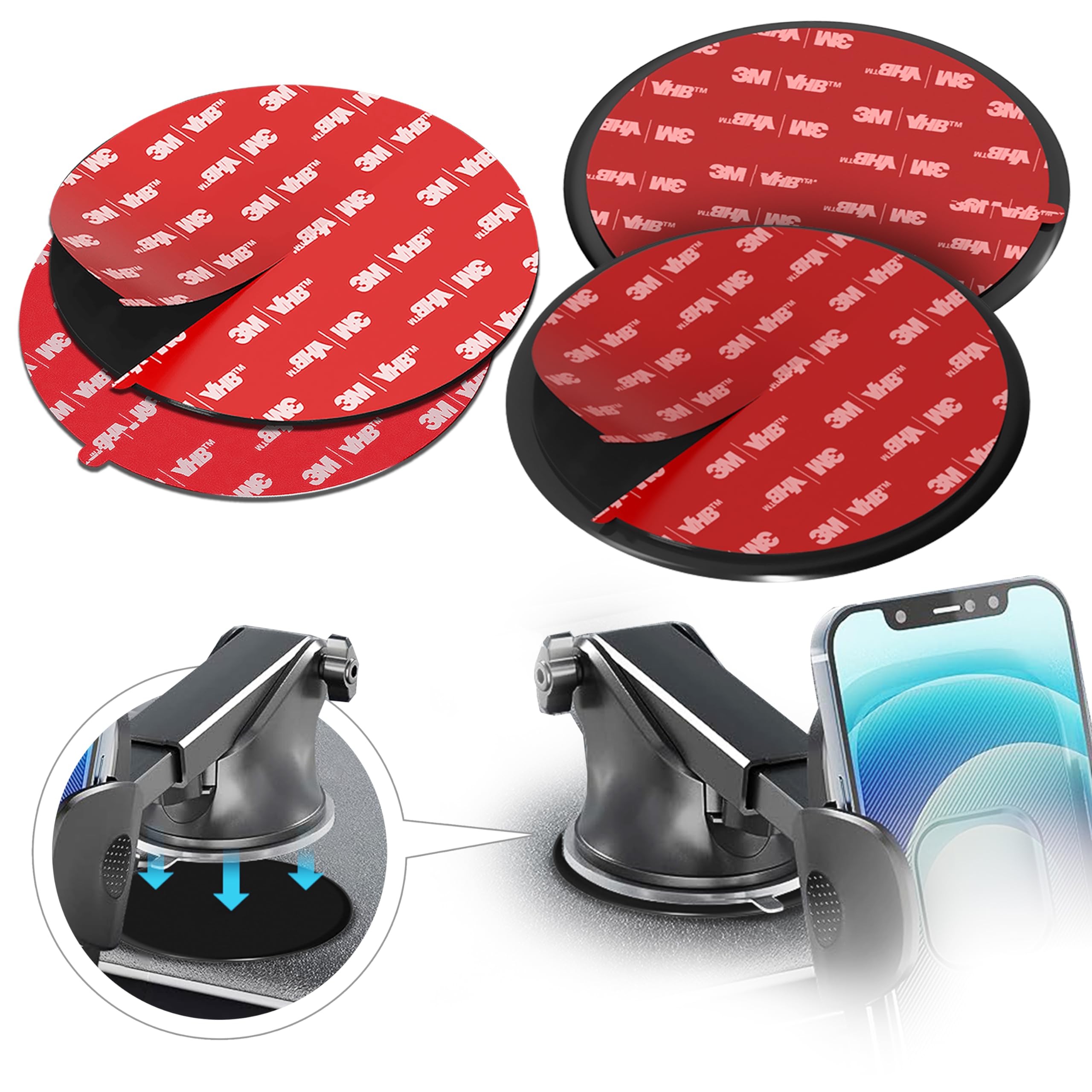 3M Vhb Dashboard Adhesive Sticky Pad Set For Car Mount - 3.15'' (80Mm) Disk With Secure Suction Cup Grip For Cell Phone Holder A