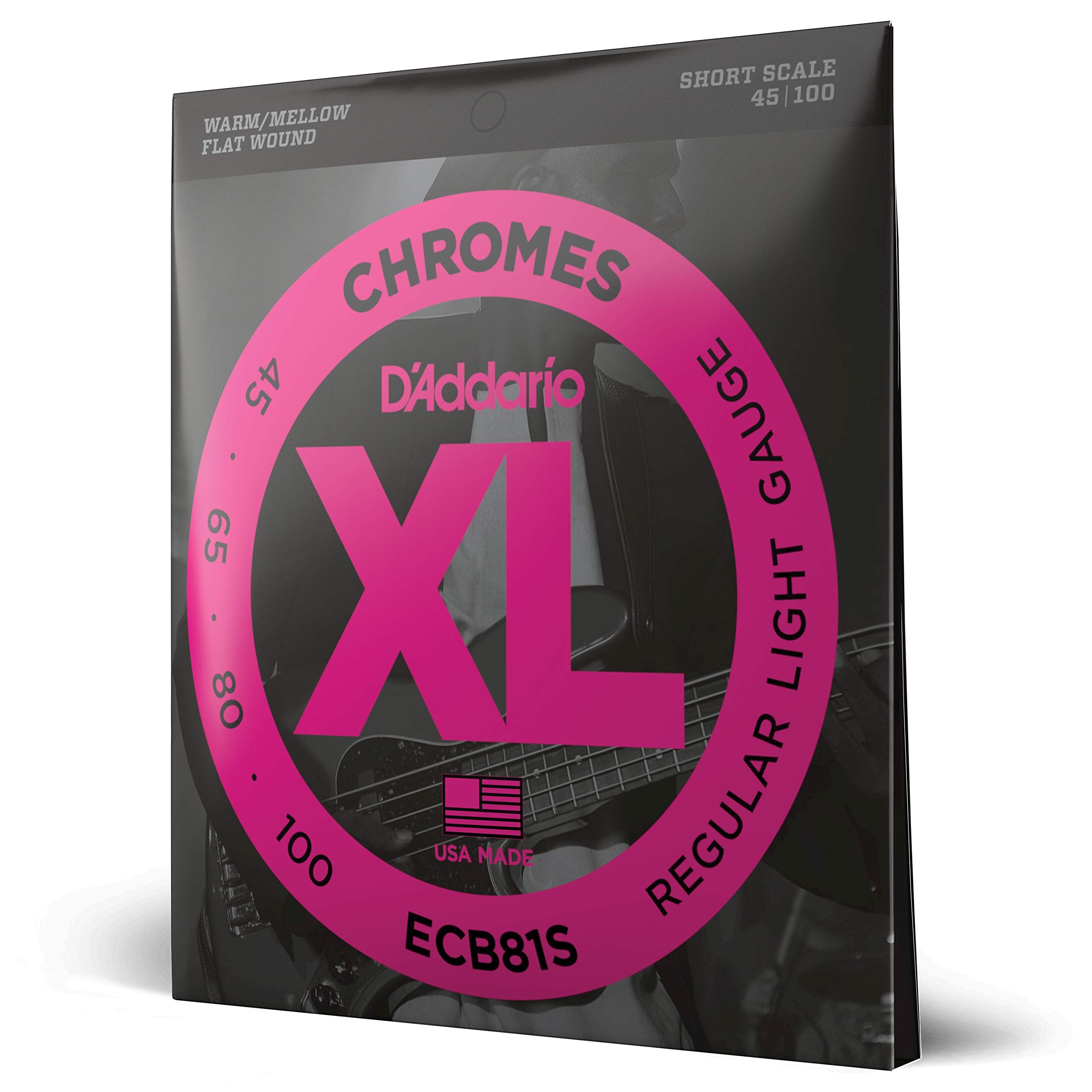 D'Addario Xl Chromes Flat Wound Bass Guitar Strings   Ecb81S   Short Scale   Regular Light, 45 100