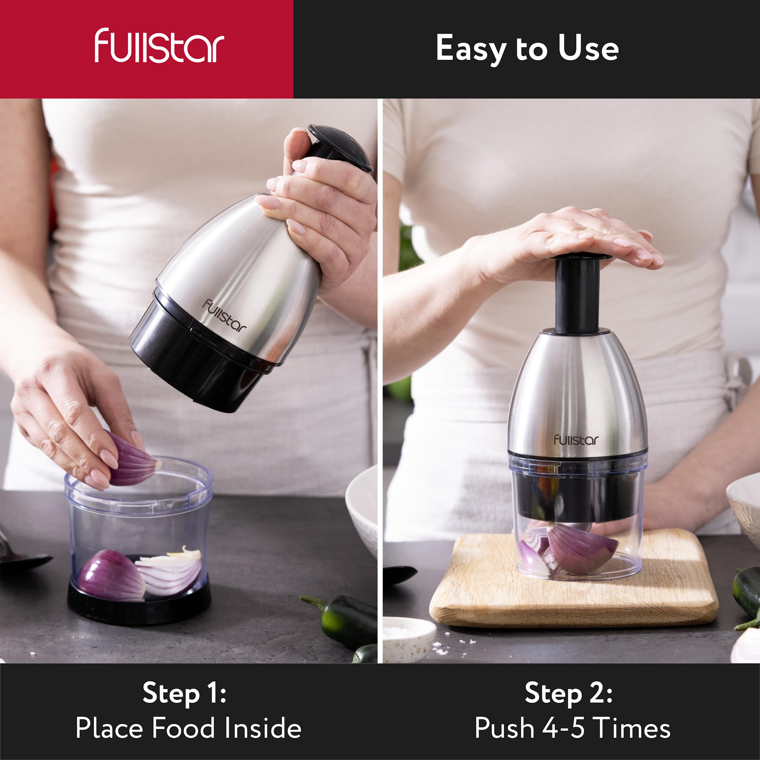 Fullstar Onion Chopper Hand Chopper For Vegetables   Stainless Steel Nut Chopper Manual Hand Food Chopper Handheld Food Chopper