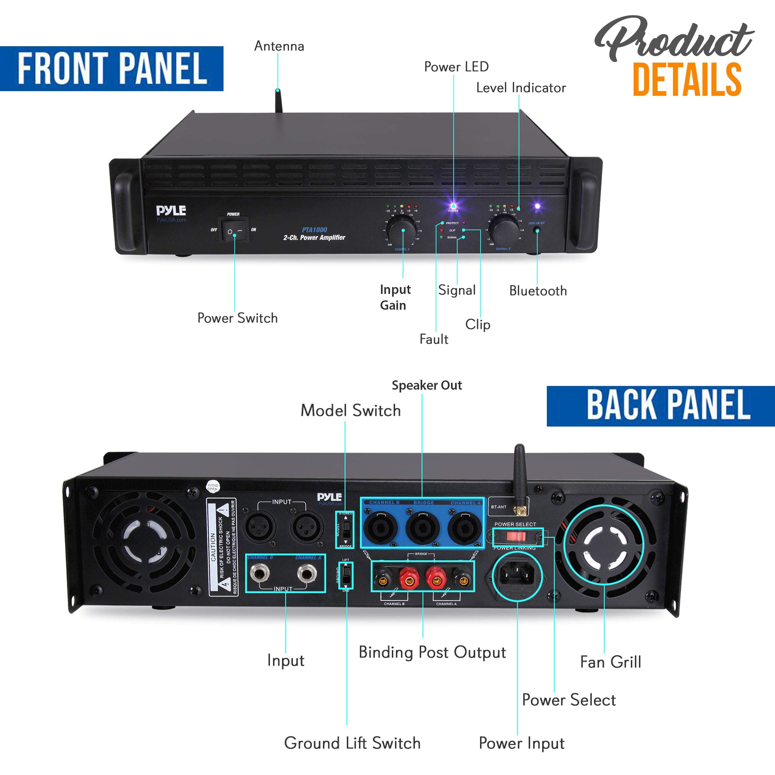 Professional Audio Bluetooth Power Amplifier   2 Channel Rack Mount Bridgeable, Led Indicators, Shockproof Binding Posts, Coolin