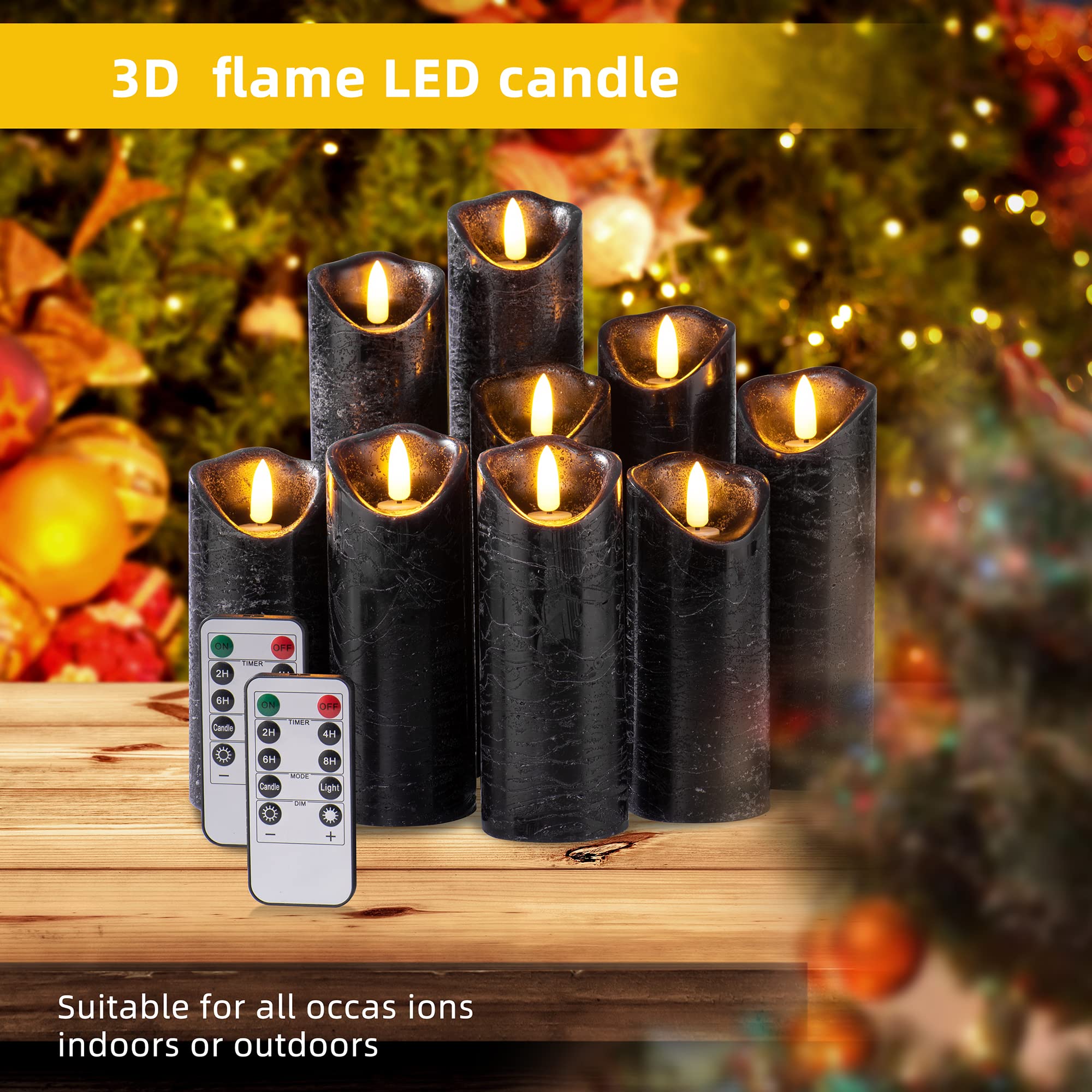 Pandaing Set Of 9 Black Regular Textured Flameless Candles Battery Operated Led Real Wax Flickering Electric Candles With Remote