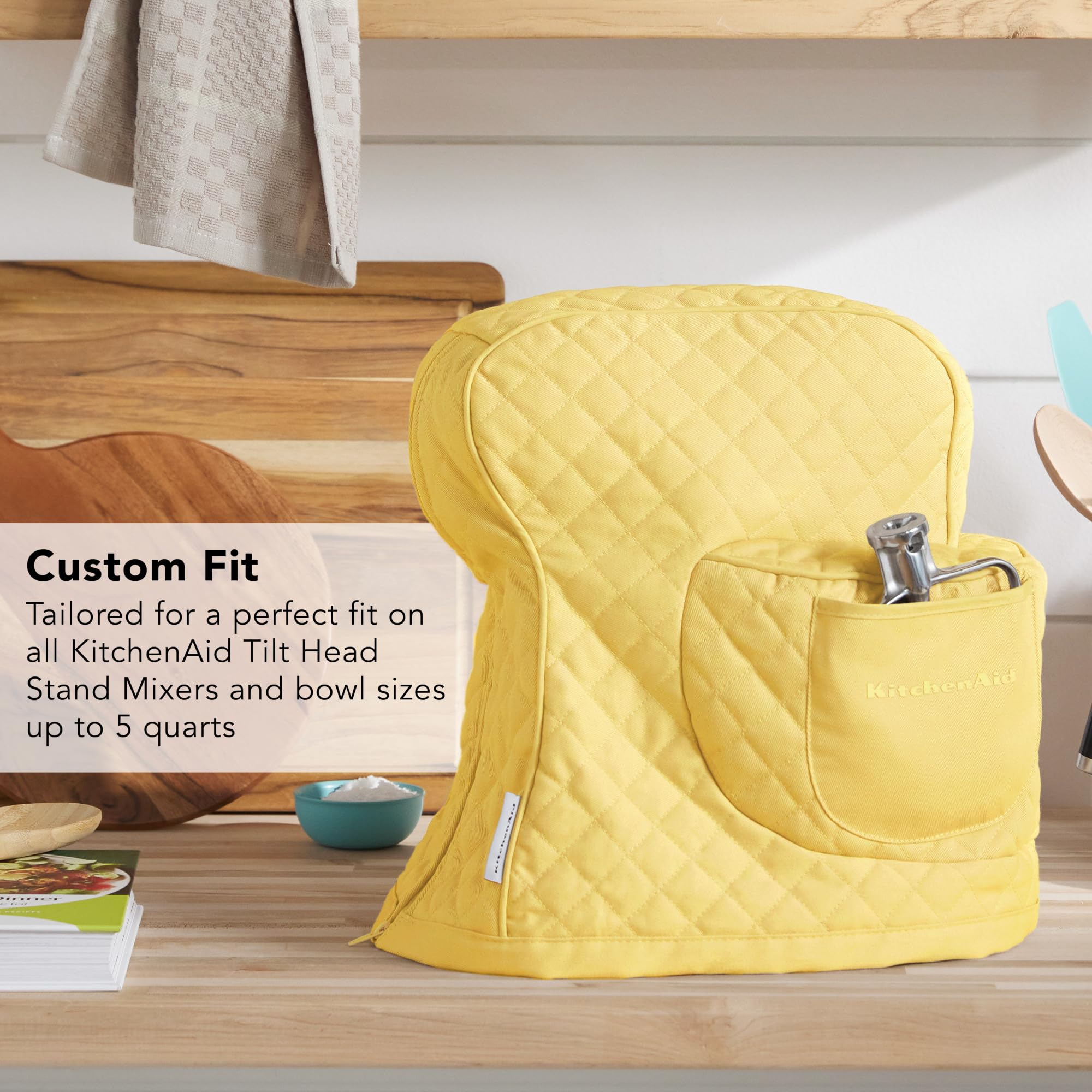 Kitchenaid Fitted Tilt-Head Stand Mixer Cover With Storage Pocket, Quilted 100% Cotton,14.4X18X10, Butter Yellow