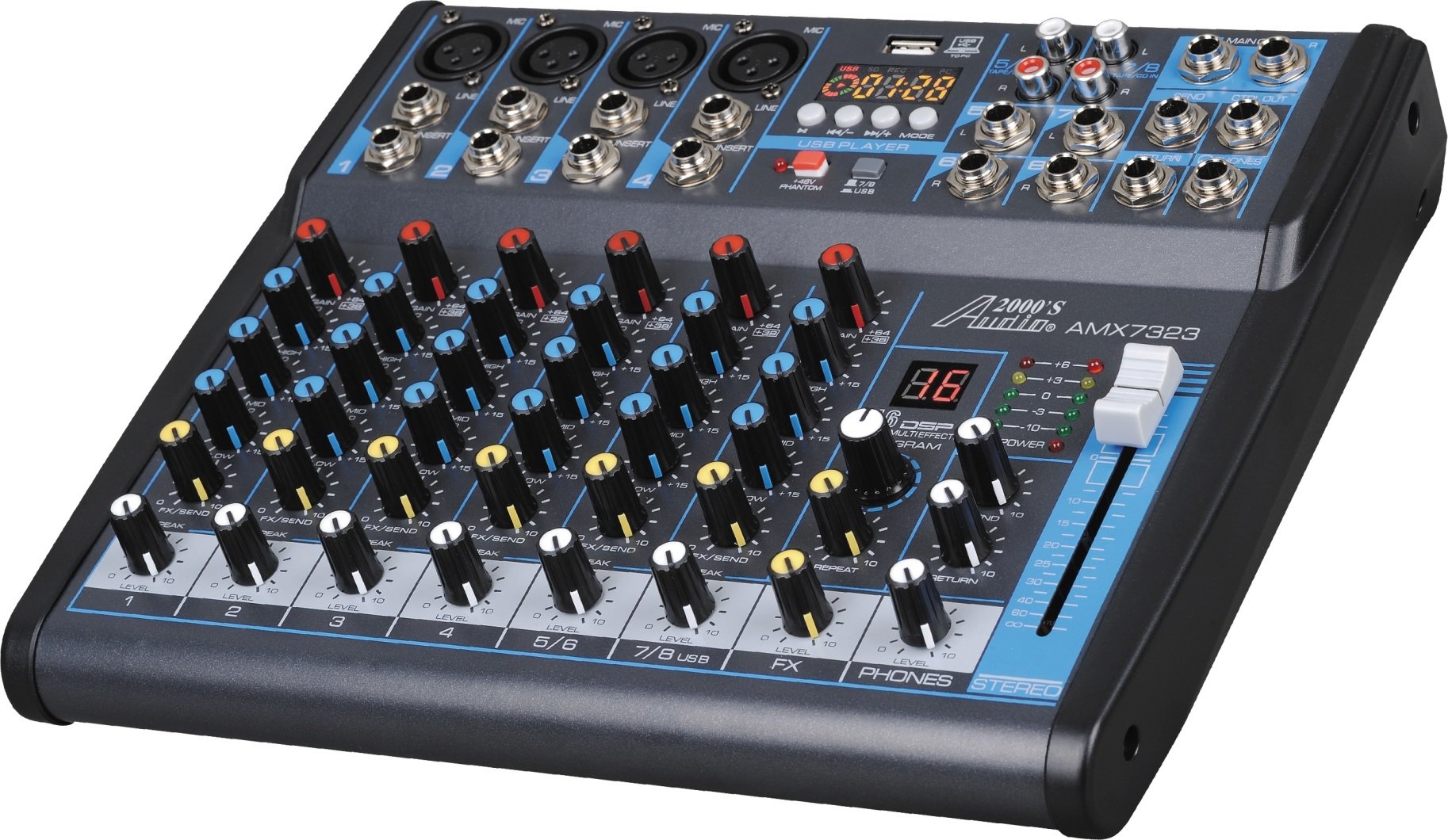 Audio2000'S Amx7323 Professional Eight Channel Audio Mixer With Usb Interface, Bluetooth, And Dsp Sound Effects