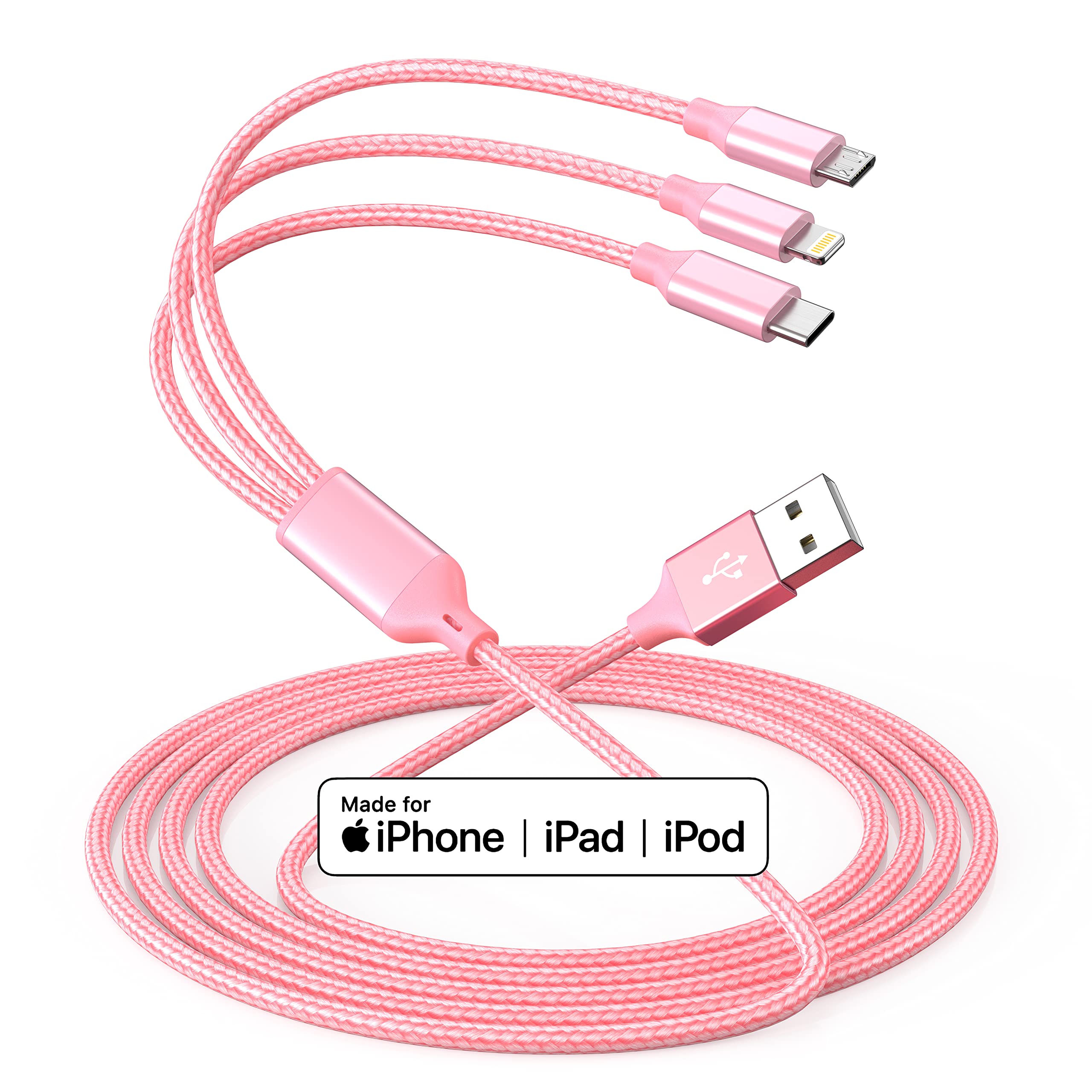 HYXing 3-in-1 Multi Charging Cable MFi Certified Type C Micro Lightning Metal 4ft