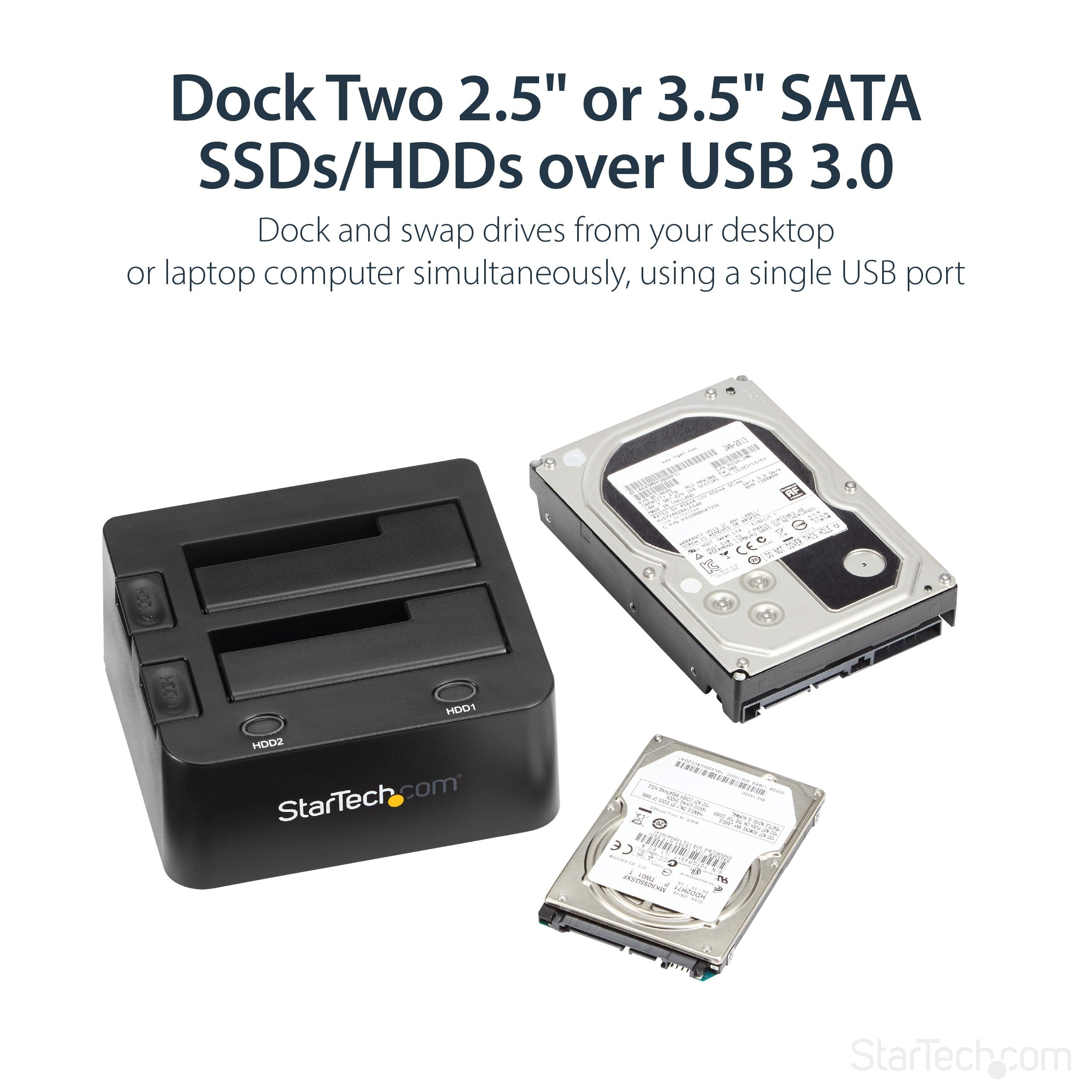 StarTech.com Dual Bay USB 3.0 To SATA Hard Drive Docking Station, USB Hard Drive Dock, External 2.5/3.5' SATA I/II/III, SSD/HDD Docking Station, Hot Swap Hard Drive Bay, Top Loading (SDOCK2U33),Black