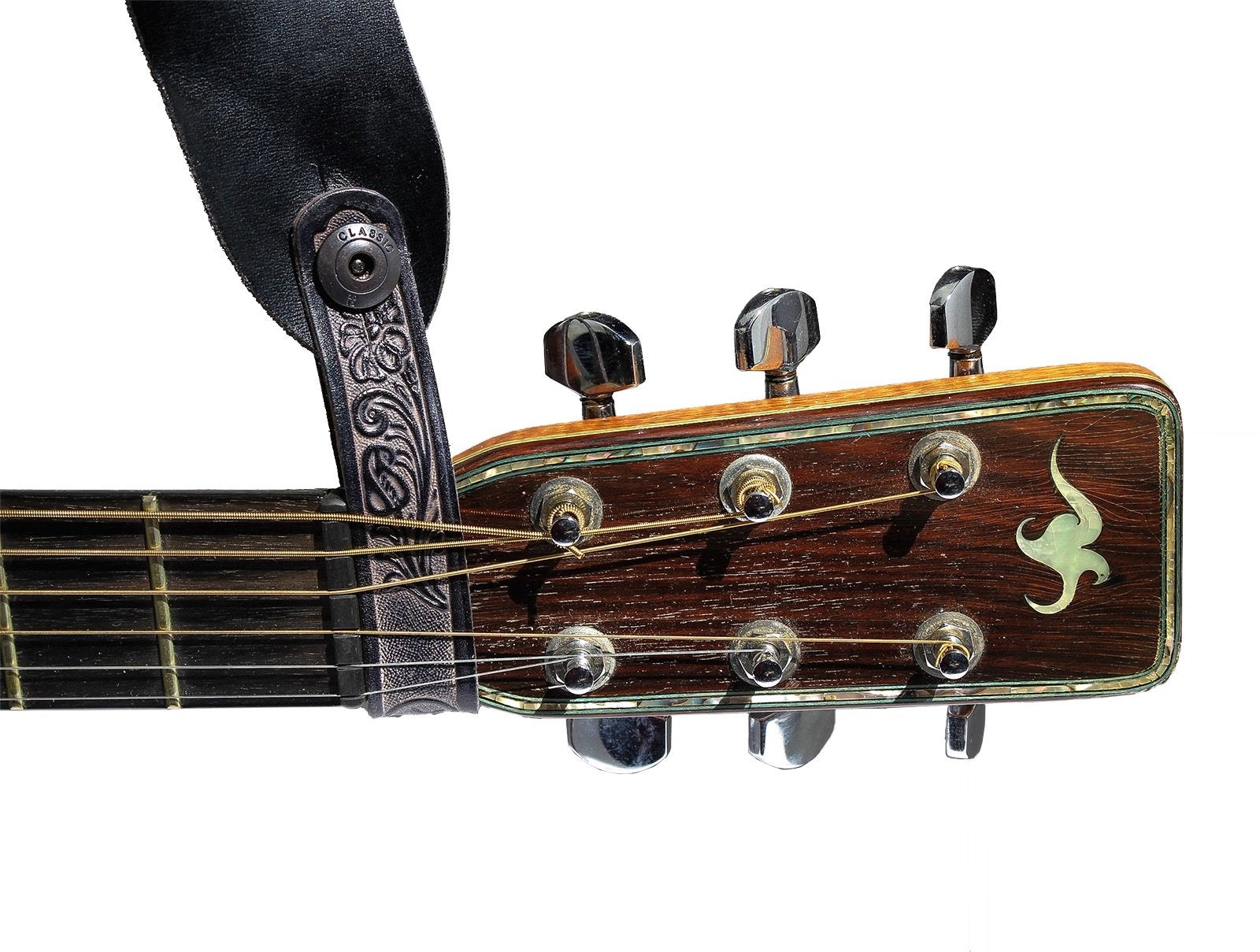 Walker & Williams At 2 Black Carving Leather Acoustic Guitar Strap Button Headstock Adaptor For Acoustic, Electric, And Bass Gui