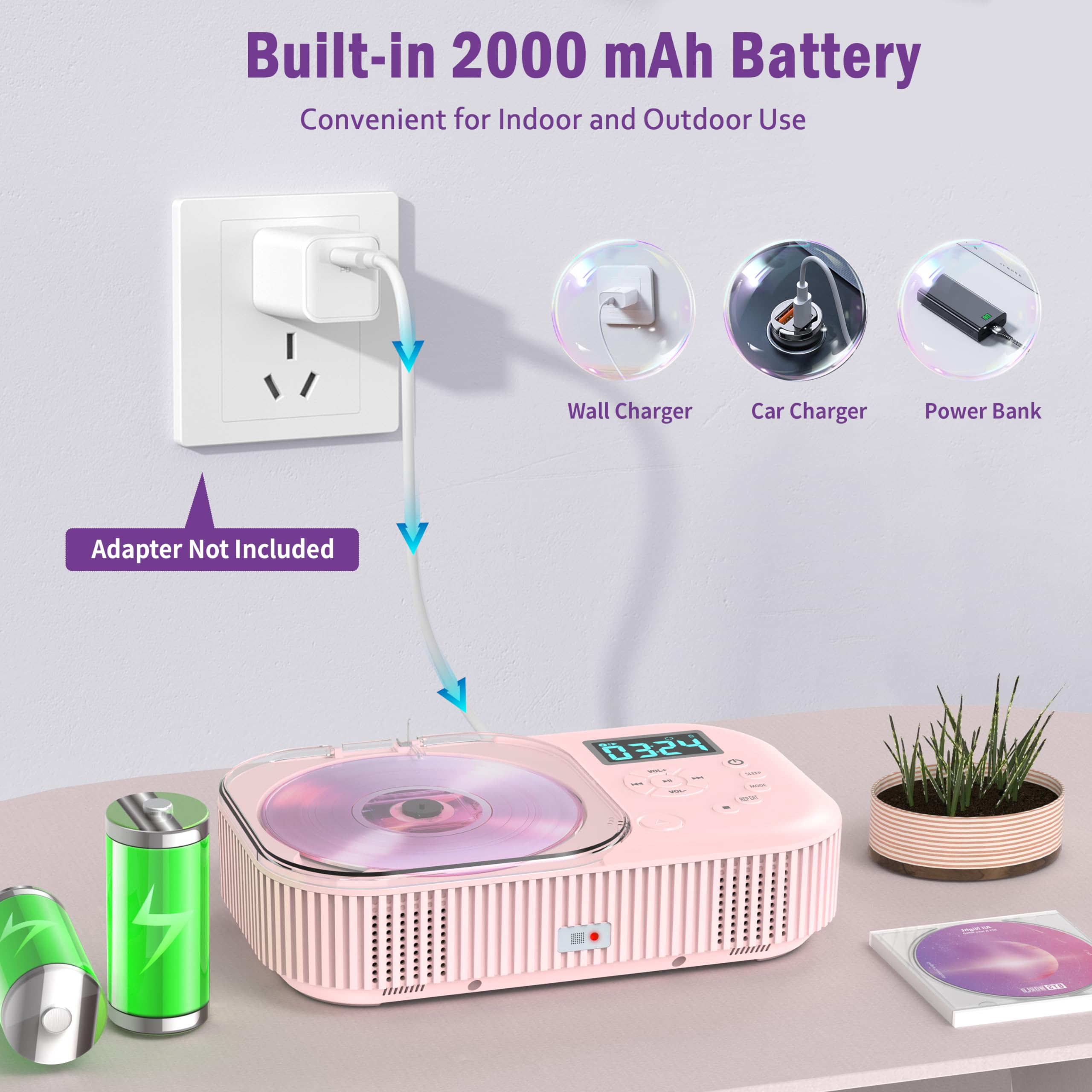 Pink Cd Player With Bluetooth 5.3 & Anti Skip, Portable Cd Player For Kids & Home, 2000Mah Rechargeable, Fm Radio/Usb/Aux, Sleep Timer & Gift Bundle � Hifi Sound & Remote Control