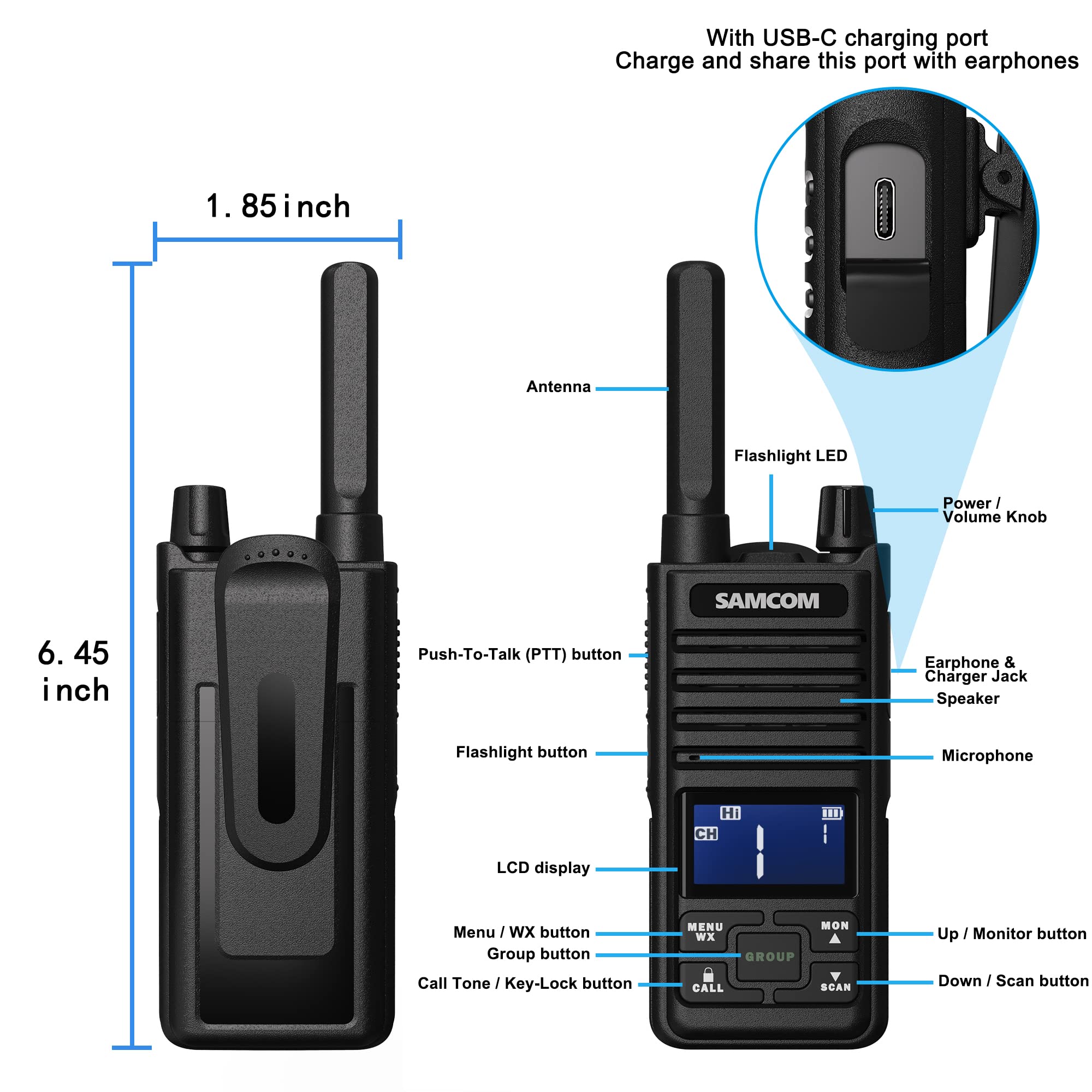 Samcom T2 Gmrs Two Way Radio, 2 Watt Long Range Walkie Talkies For Adults, 121 Privacy Codes Type C Rechargeable Walkie Talkies With Usb Earpiece, Noaa Weather Alerts, Scan, Group Talk(2 Pack Black)