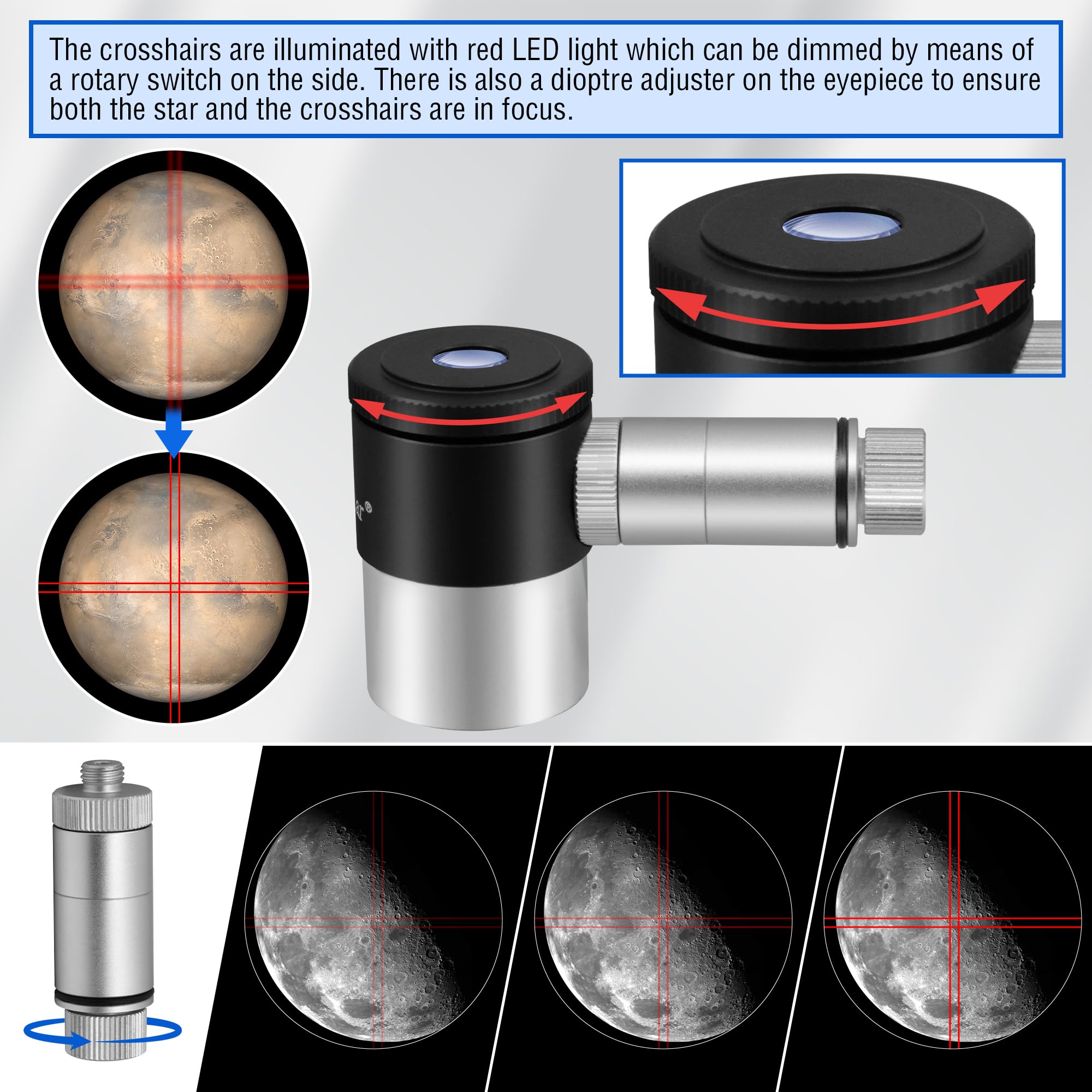 Alstar Illuminated Reticle Plossl Telescope Eyepiece - 12.5Mm Crosshair Eyepiece With Adjustable Led Illumination Reticle Focus