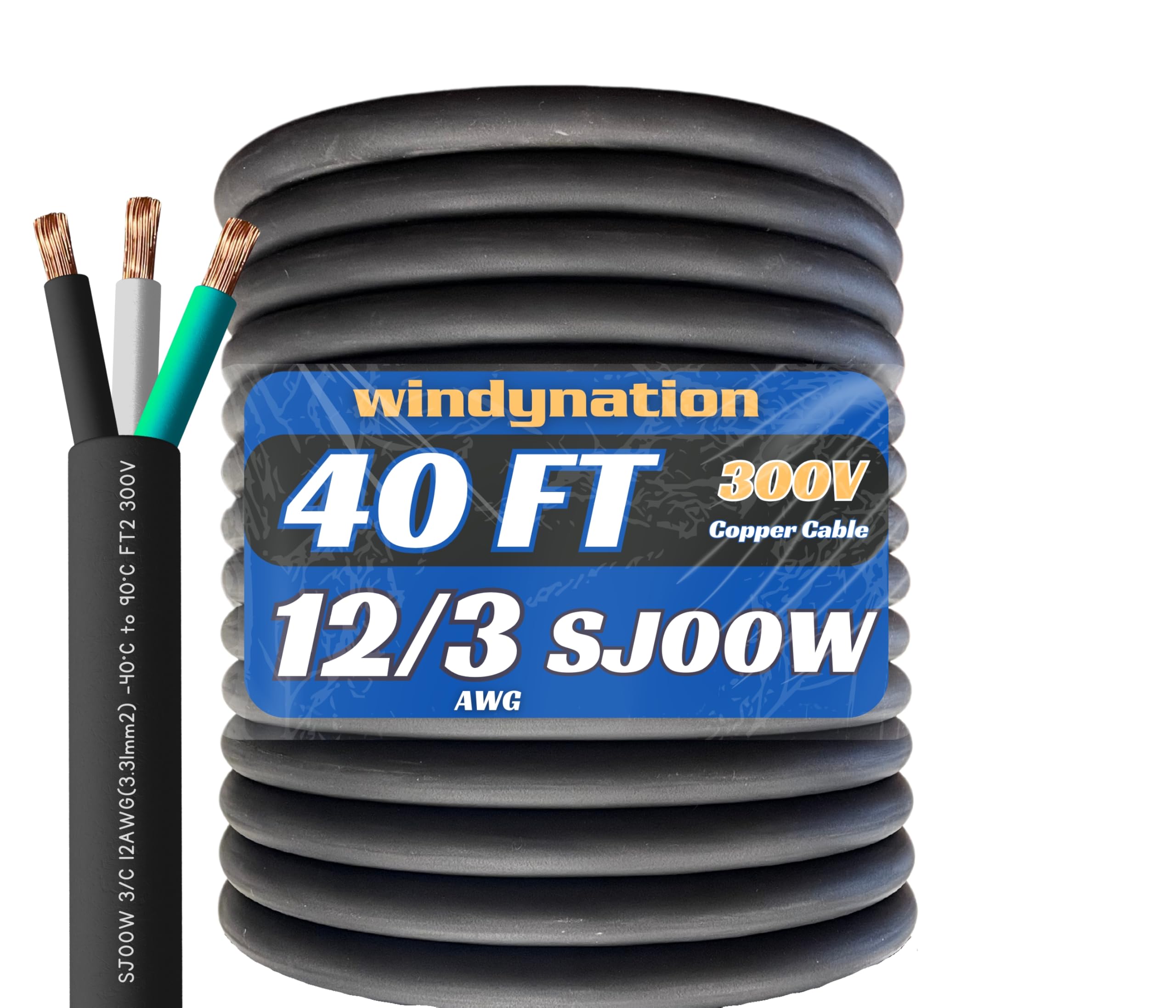 40 Feet 12/3 Sjoow Cable Cord 12 Awg 3 Conductor So Wire   12 Gauge 3 Conductor (12/3 Wire) 300V Portable Power Extension Cable
