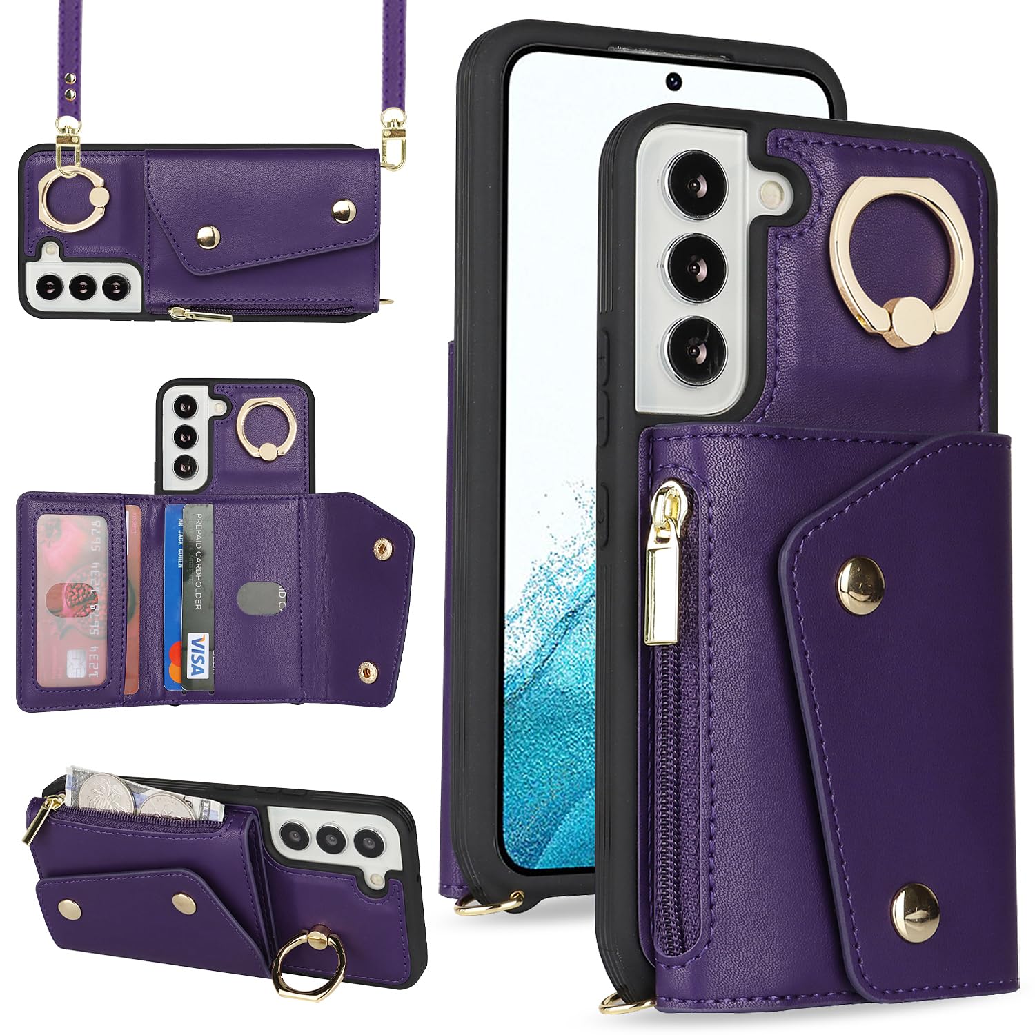 Lipvina For Samsung Galaxy S22 Case With Card Holder And Strap - Zipper Pocket,Crossbody Lanyard Strap,Credit Card Holder,Stand