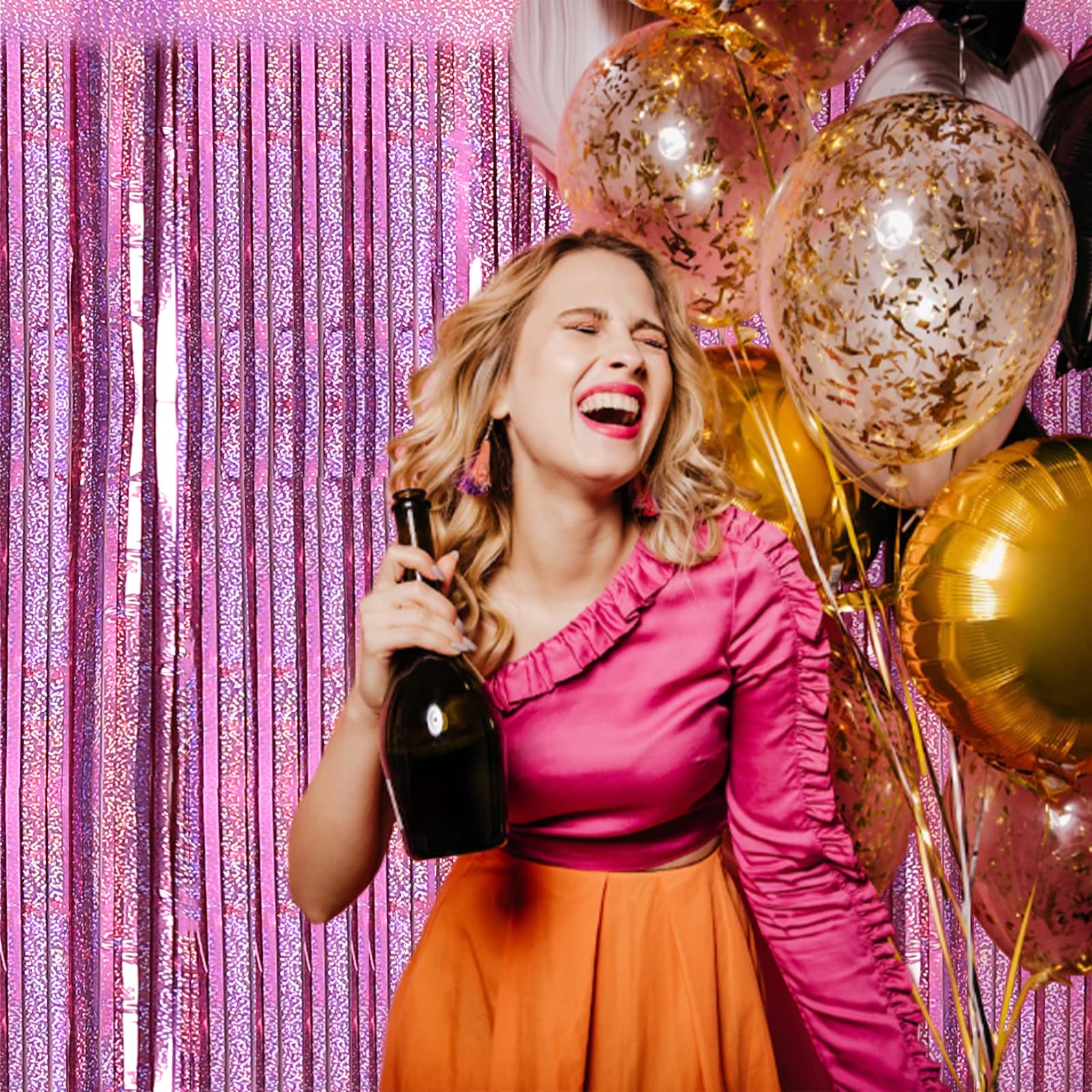 2 Pack 3.2Ft X 8.2Ft Pink Metallic Tinsel Foil Fringe Curtains Backdrop For Pink Party Birthday Wedding Bachelorette Baby Shower