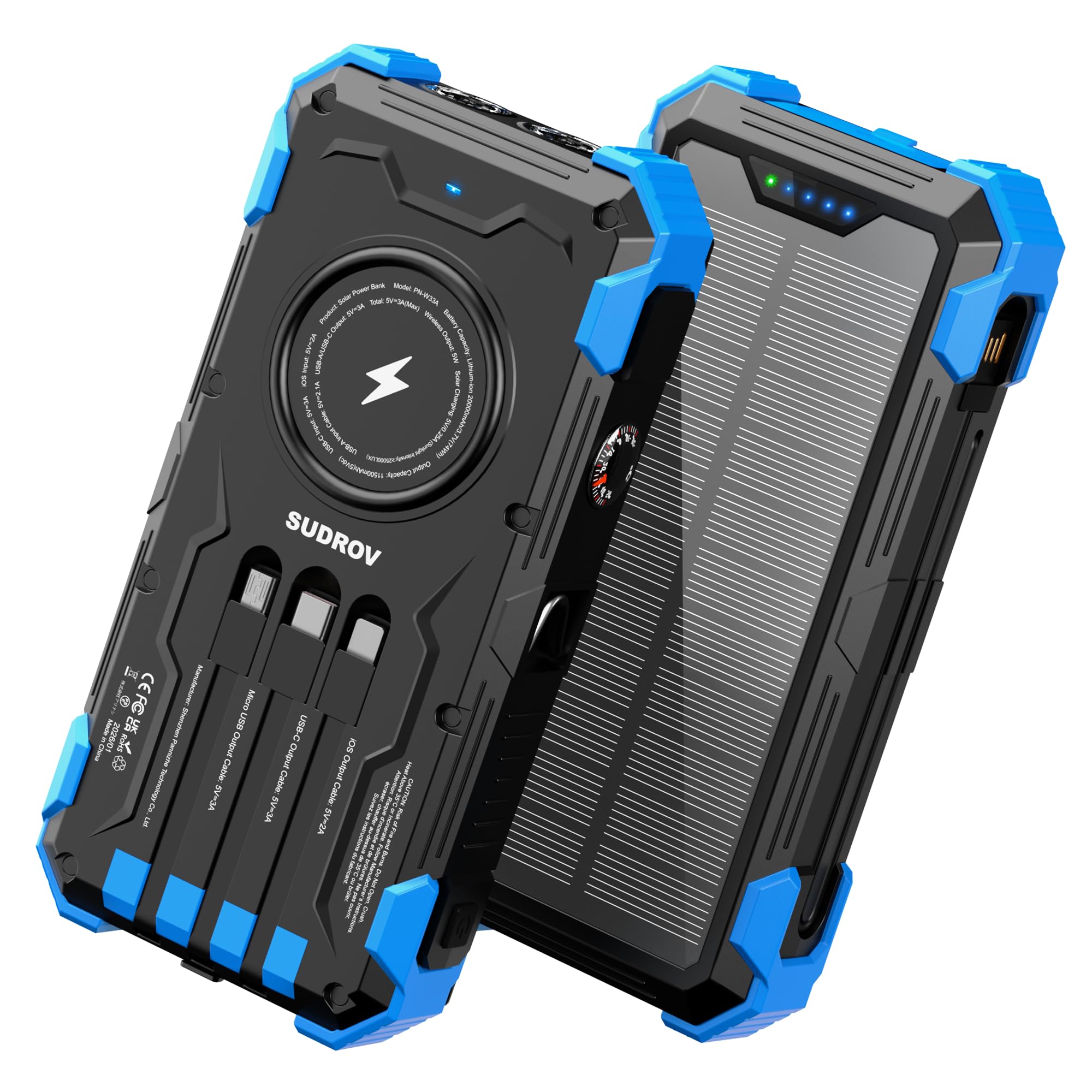 Sudrov Solar Portable Charger 20000mAh, Wireless Charger, Gifts for Men and Dad, 15W Fast Charging, 4 Builtin Cables, USBC Inp