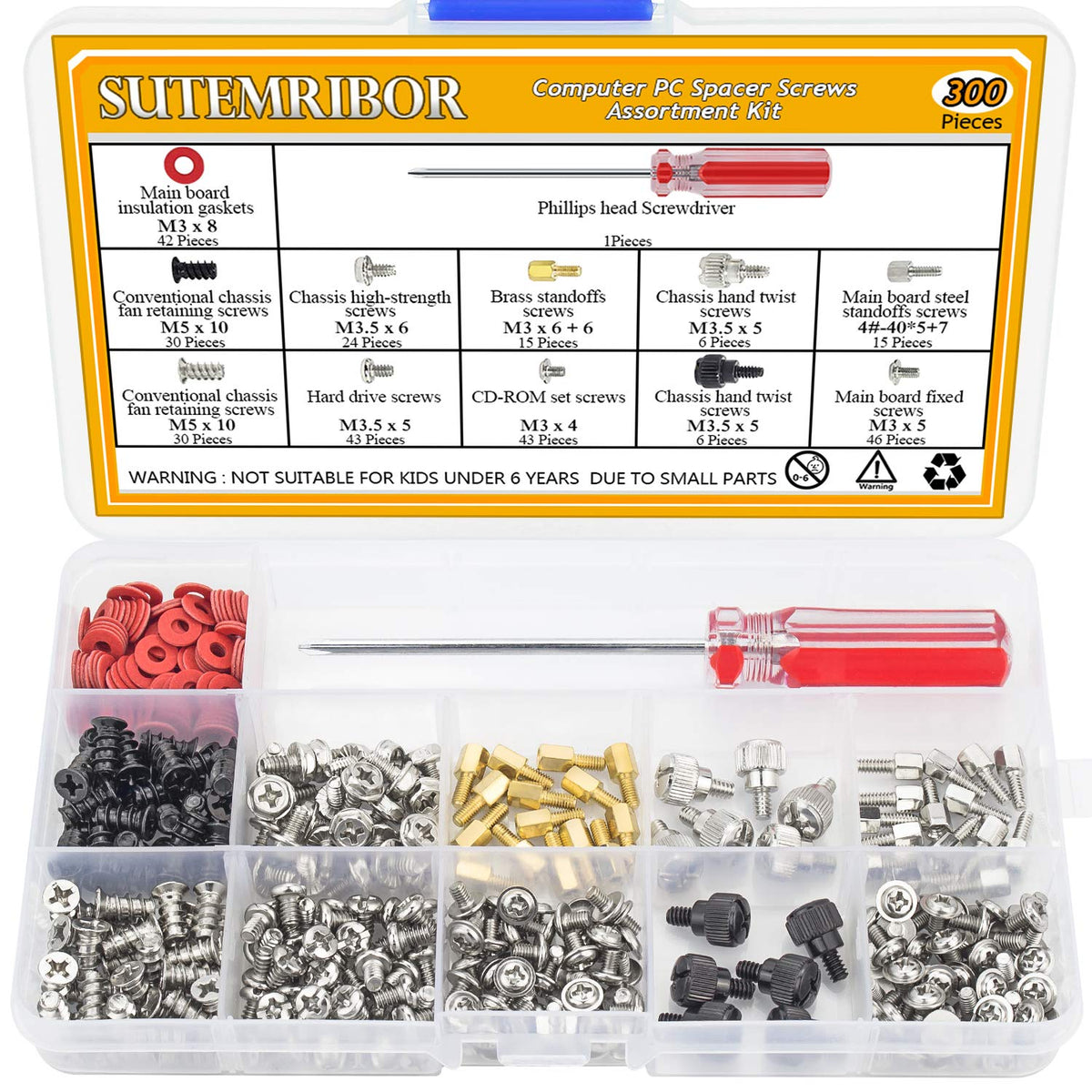 Sutemribor 300PCS Personal Computer Screw Standoffs Set Assortment Kit with a Screwdriver for Hard Drive Computer Case Motherboard Fan Power Graphics