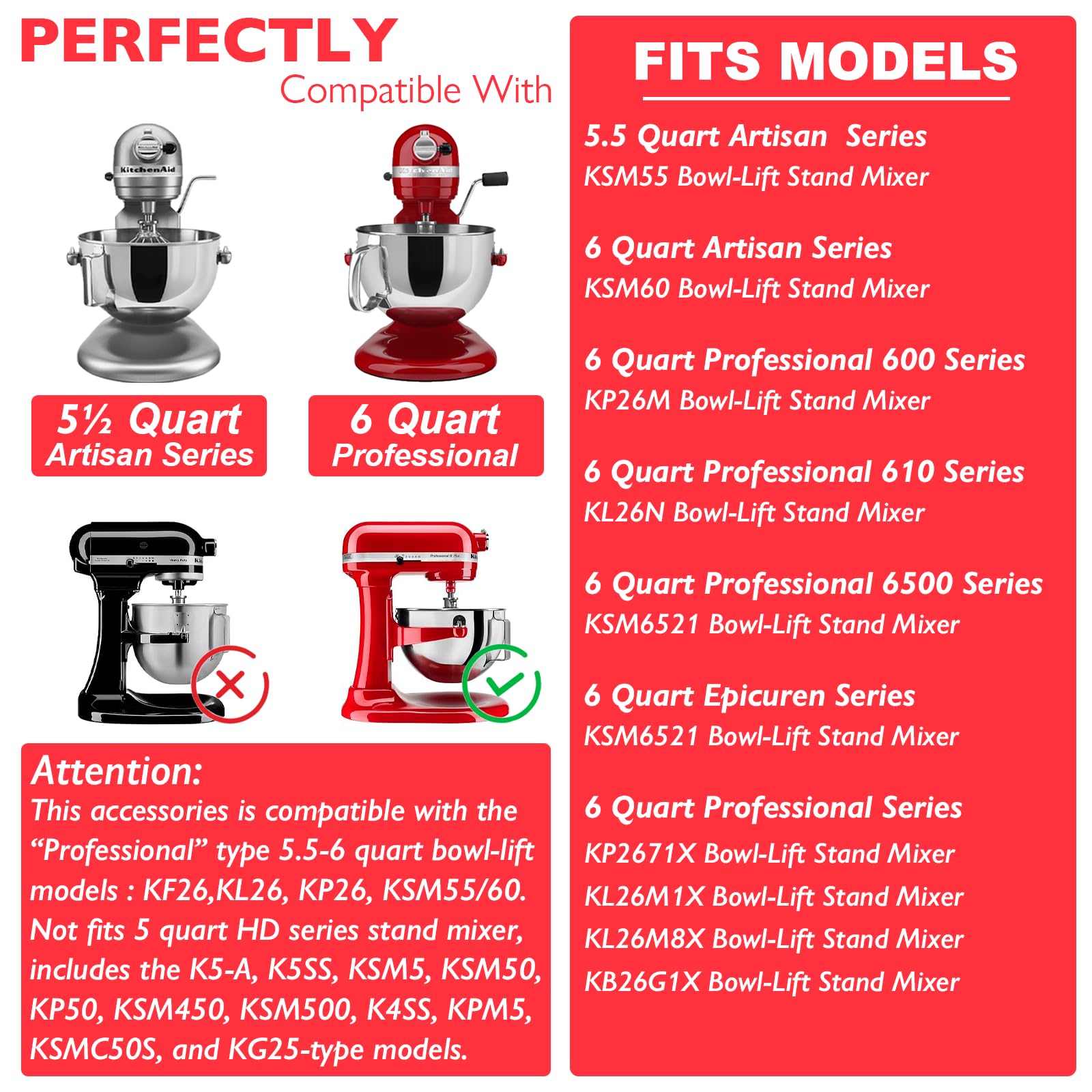 Wiselet Stainless Steel Accessories For Kitchenaid 5.5 6 Qt Bowl Lift Stand Mixer, Includes 6 Wire Whisk, Beater, Dough Hook, Di