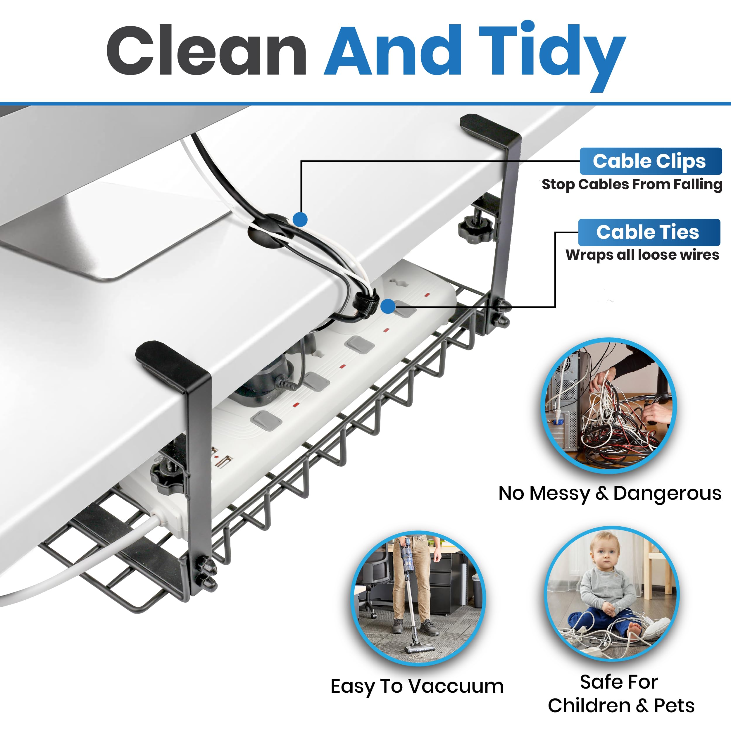 Under Desk Cable Management Tray, 16    No Drill Cord Organizer With Clamps For Wire Management, 4Mm Sturdy Wire Desk Cable Orga