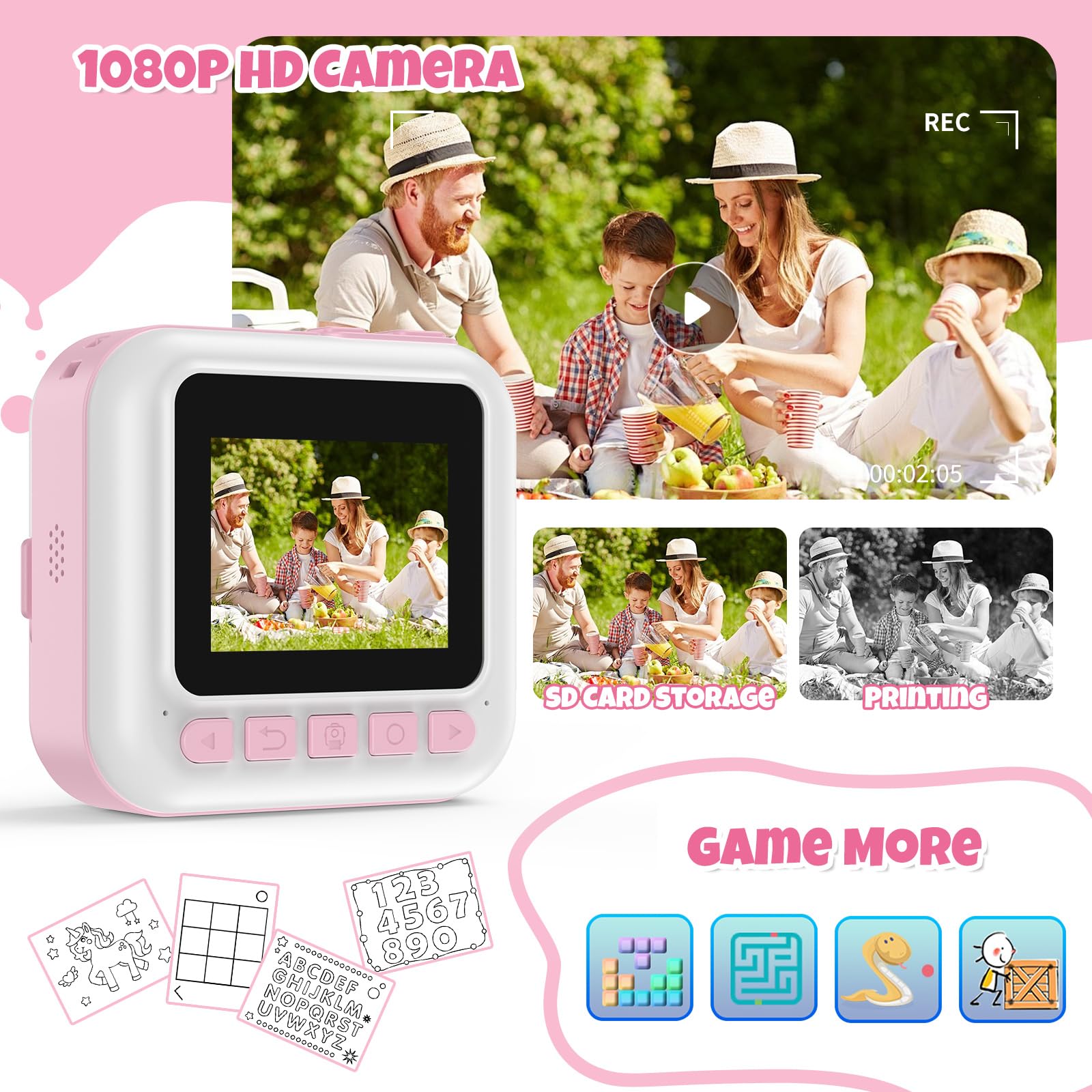 Bofidar Kids Camera,Toddler Camera Instant Print Toys,1080P Children Printable Camera,Pink Selfie Camera Christmas Birthday Gift