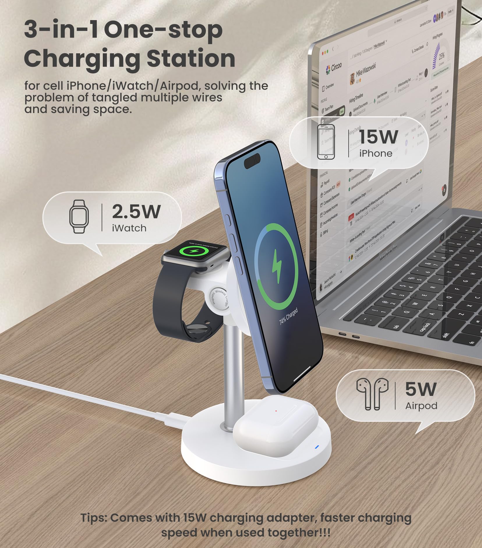 3 In 1 Wireless Charging Station Qi2 Mag-Safe Charger For Apple, 15W Fast Wireless Charger Stand For Iphone 16/15/14/13/12, Watc