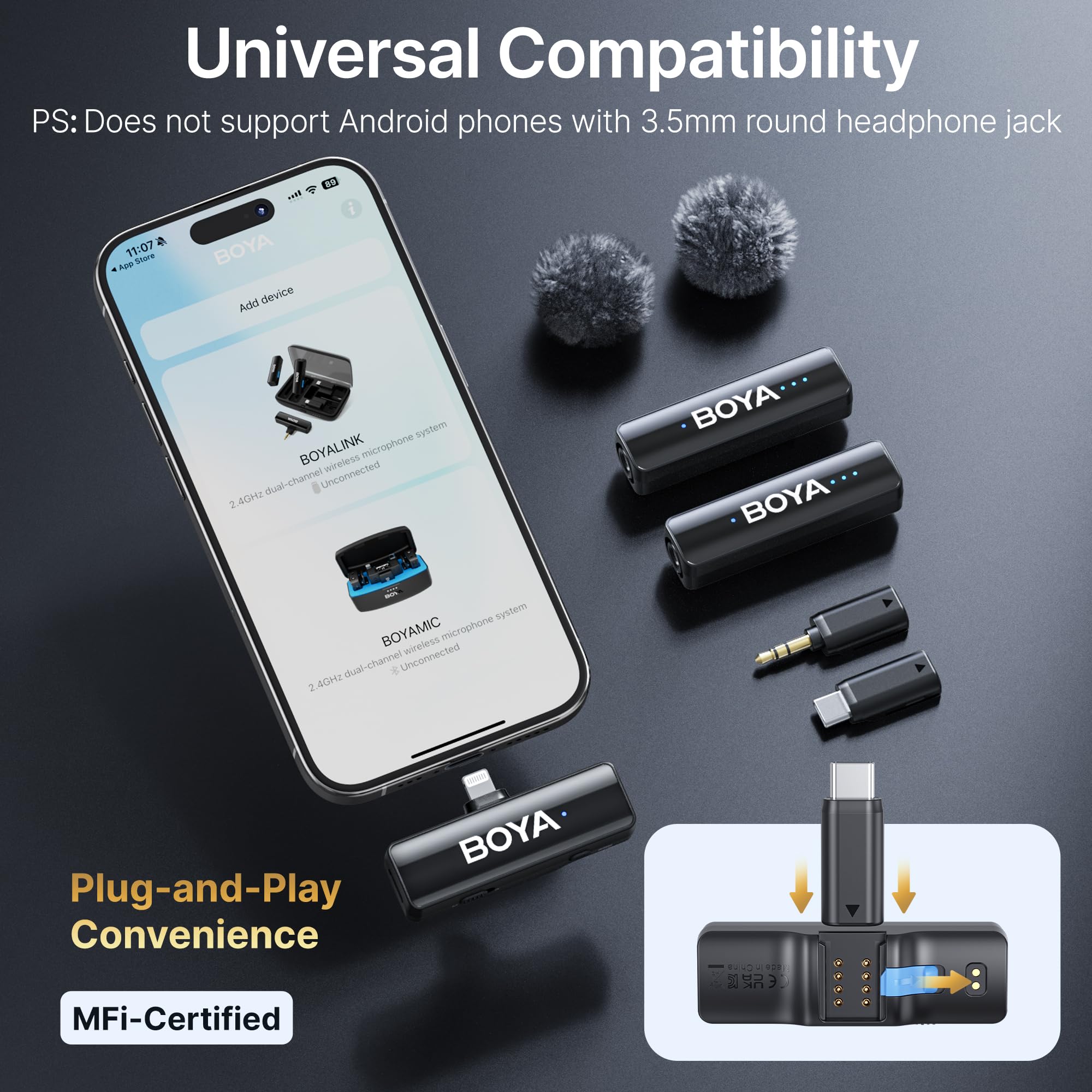 Boya Boyalink 2 A2 (2Tx+3Rx Adapter) Wireless Lavalier Microphone For Iphone Camera Android, Clip On Mic, 48 Khz 24 Bit, 6Mm Mic