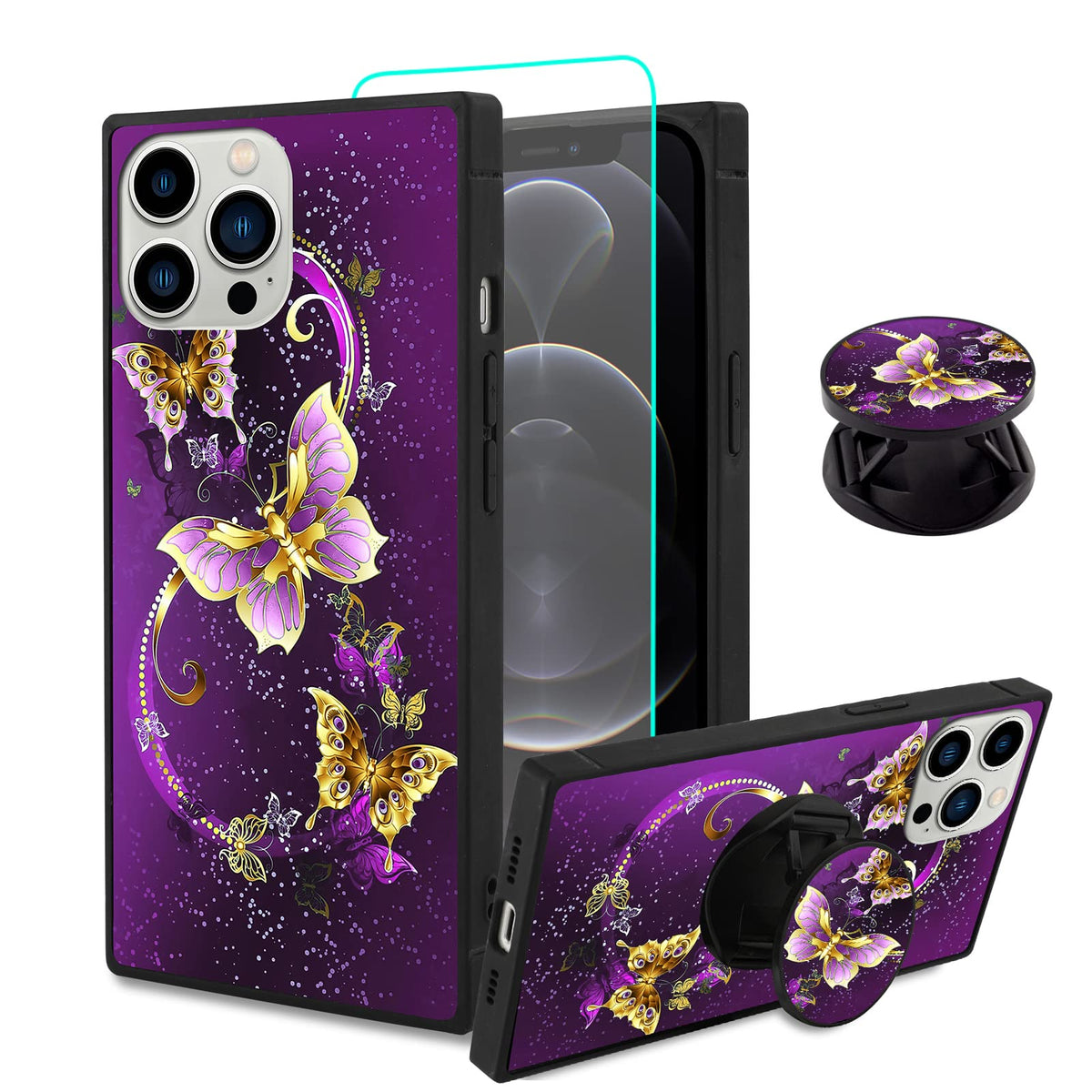 Sakuulo Iphone 12 Pro Max Case,[Screen Protector + Kickstand] Square Cute Purple Butterfly Print Design Soft Tpu Edge Protection