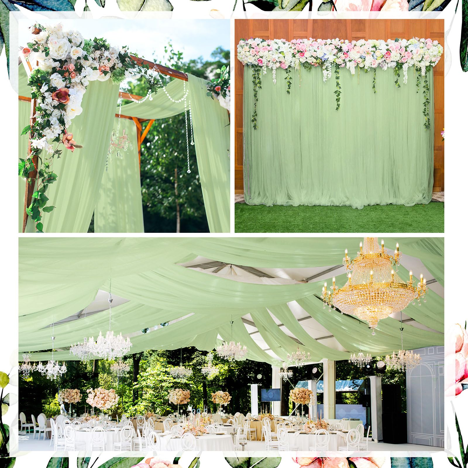 Bbto 6 Panels Sage Ceiling Drapes For Weddings 5 Ft X10 Ft Green Chiffon Curtain Wedding Ceiling Drapes Sheer Curtains Chiffon D