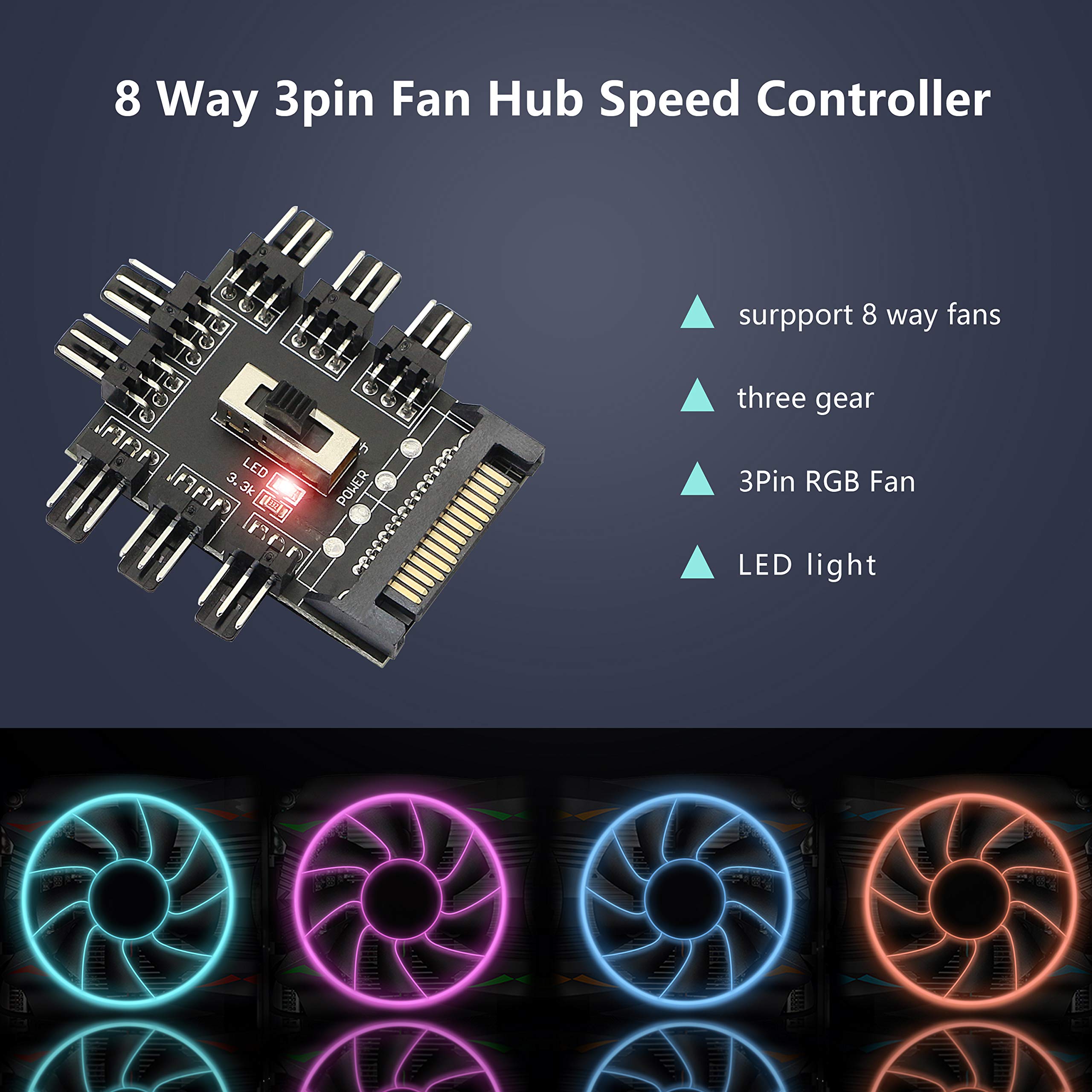 Gelrhonr Chassis Fan Hub, Sata 1 To 8 Way12V 3 Pin Cooling Fan Splitter Controller Hub 3 Pin Pwm For Pc Desktop Computer Motherboard(12V 3 Pin)