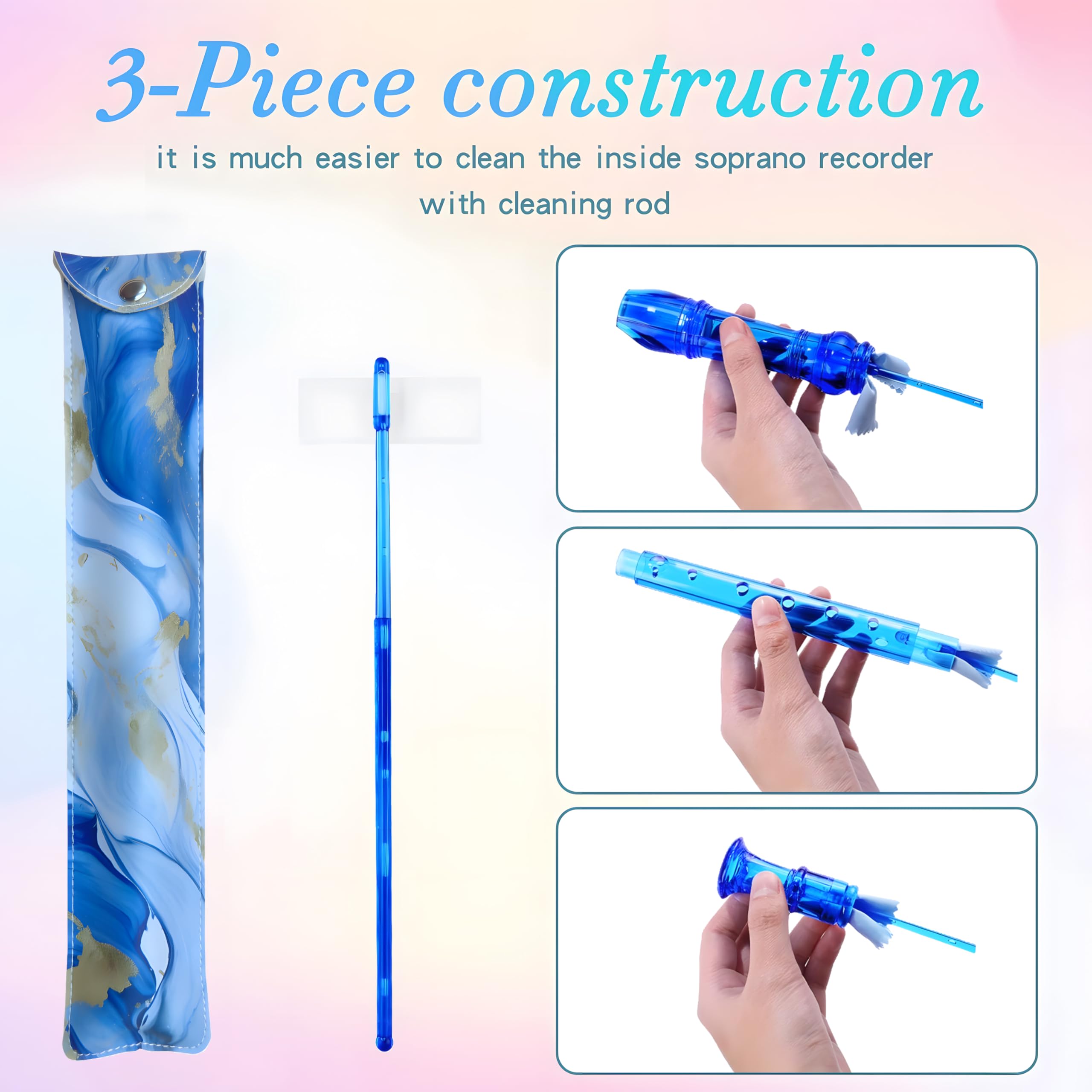 Soprano Recorder For Kids Beginners, German Fingering, C Key, 3 Piece With Cleaning Rod, Bag, Fingering Chart (Crystal Blue)