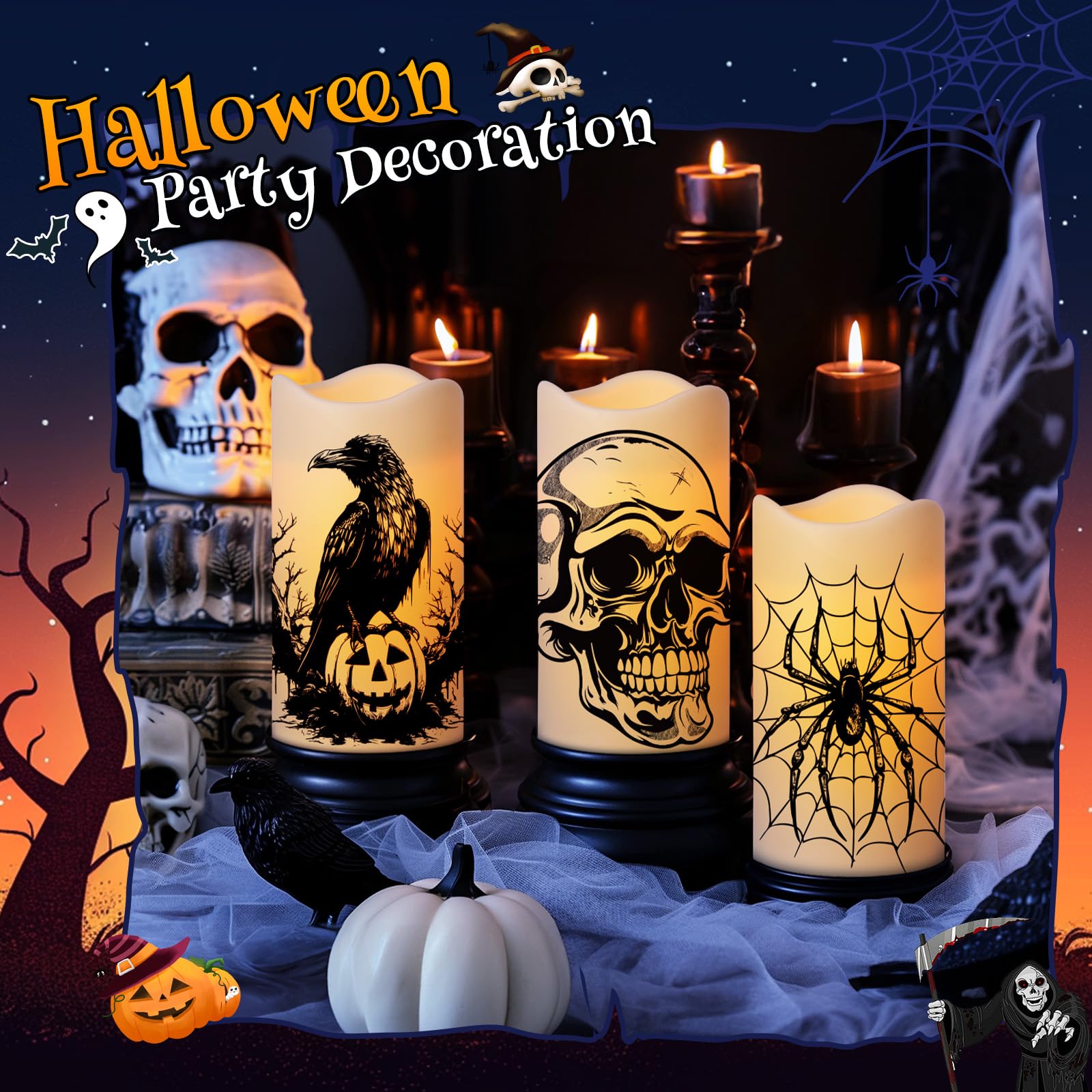 Halloween Decorations Indoor Flameless Candles Battery Operated Not Included Flickering Lights With Skull Spider Webs Crow Pumpk