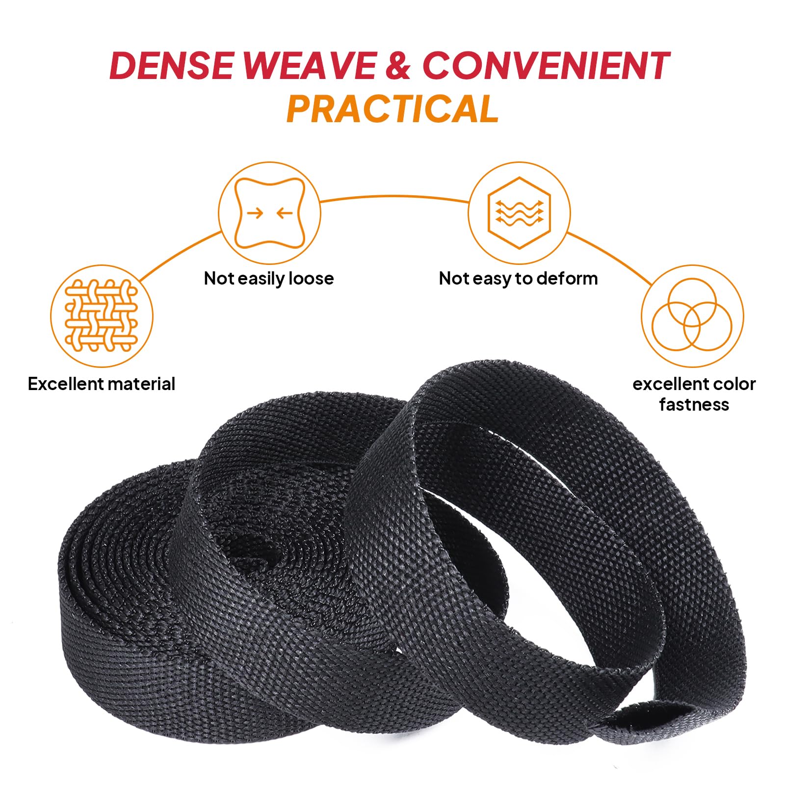 Black 2:1 Ratio Automotive Heat Shrink Braided Sleeving,Wear Resistant Flat Woven Shrinkable Sleeve Fabric Car Cable Wires Hoses