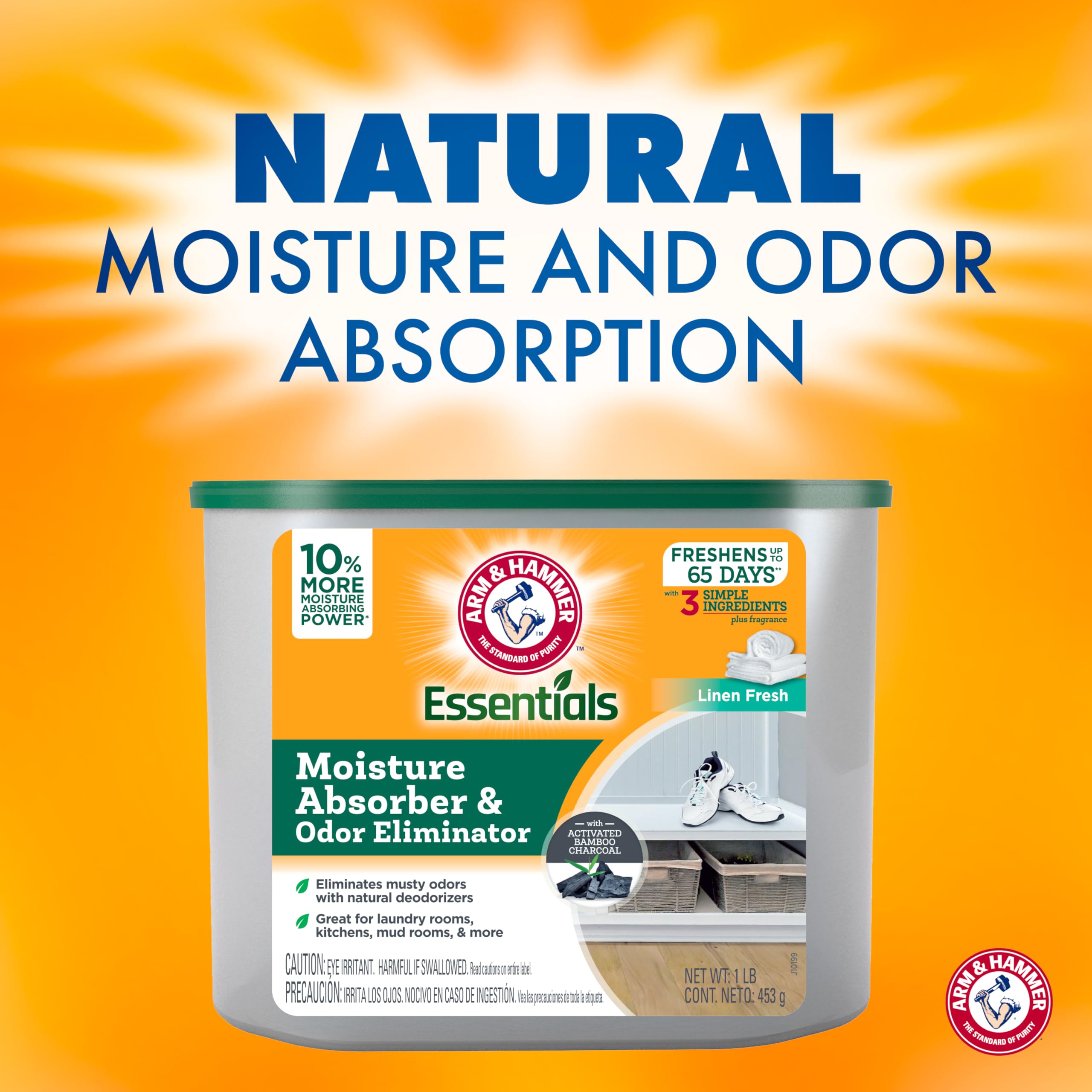 Arm & Hammer Essentials Disposable Moisture Absorber And Odor Eliminator Tub, Linen Fresh, 1 Lb., 3-Pack, Attracts And Traps Exc