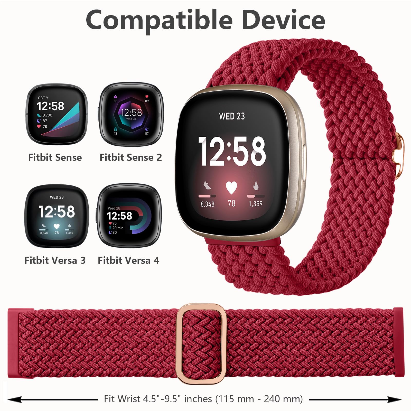 Maledan Sport Elastic Band Compatible For Fitbit Sense/Versa 3/Fitbit Versa 4/Sense 2 Bands Men Women, Breathable Elastic Stretc