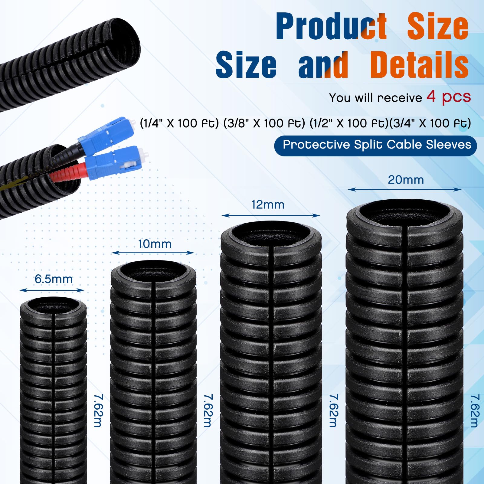 Sasylvia 1/4, 3/8, 1/2, 3/4'' X 25 Ft Split Wire Loom Cord Protector Tubing Split Wire Conduit Wire Protector Tubing Convoluted