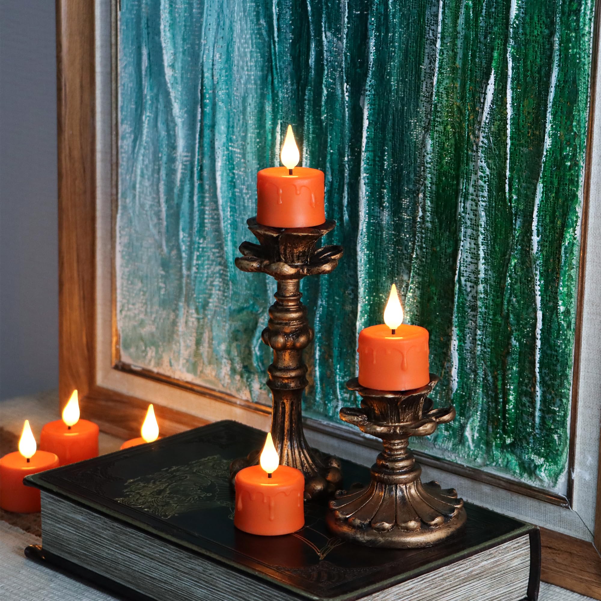 Freepower Orange Halloween Candles,Rechargeable Flameless Candles With Remote Timer, Soft 3D Wick Led Tealights Candles, Recharg