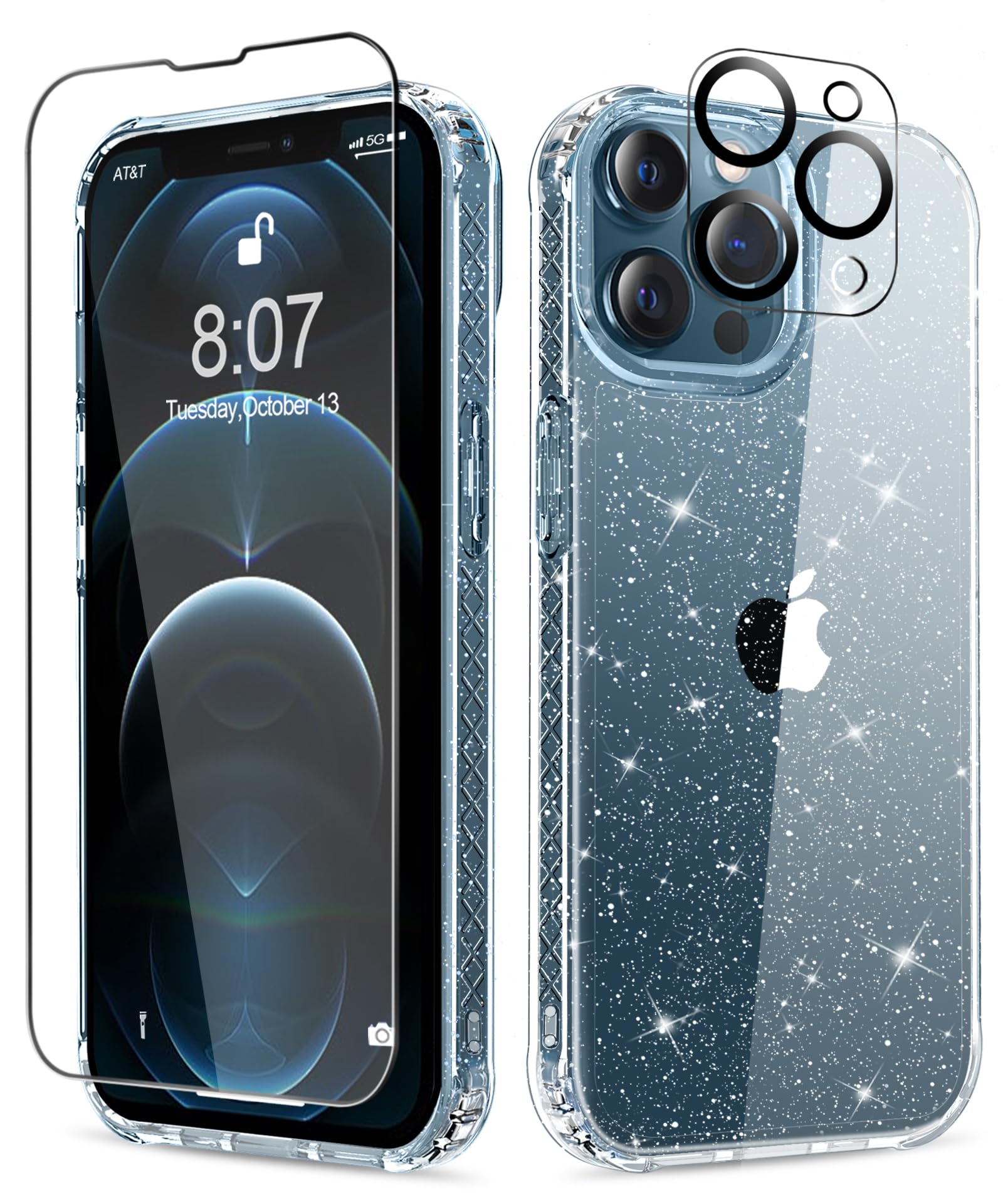 Mtvoox For Iphone 12 Pro Max Case With Screen Protector + Camera Lens Protector, [Non Yellowing] Clear Glitter Phone Case, Shock