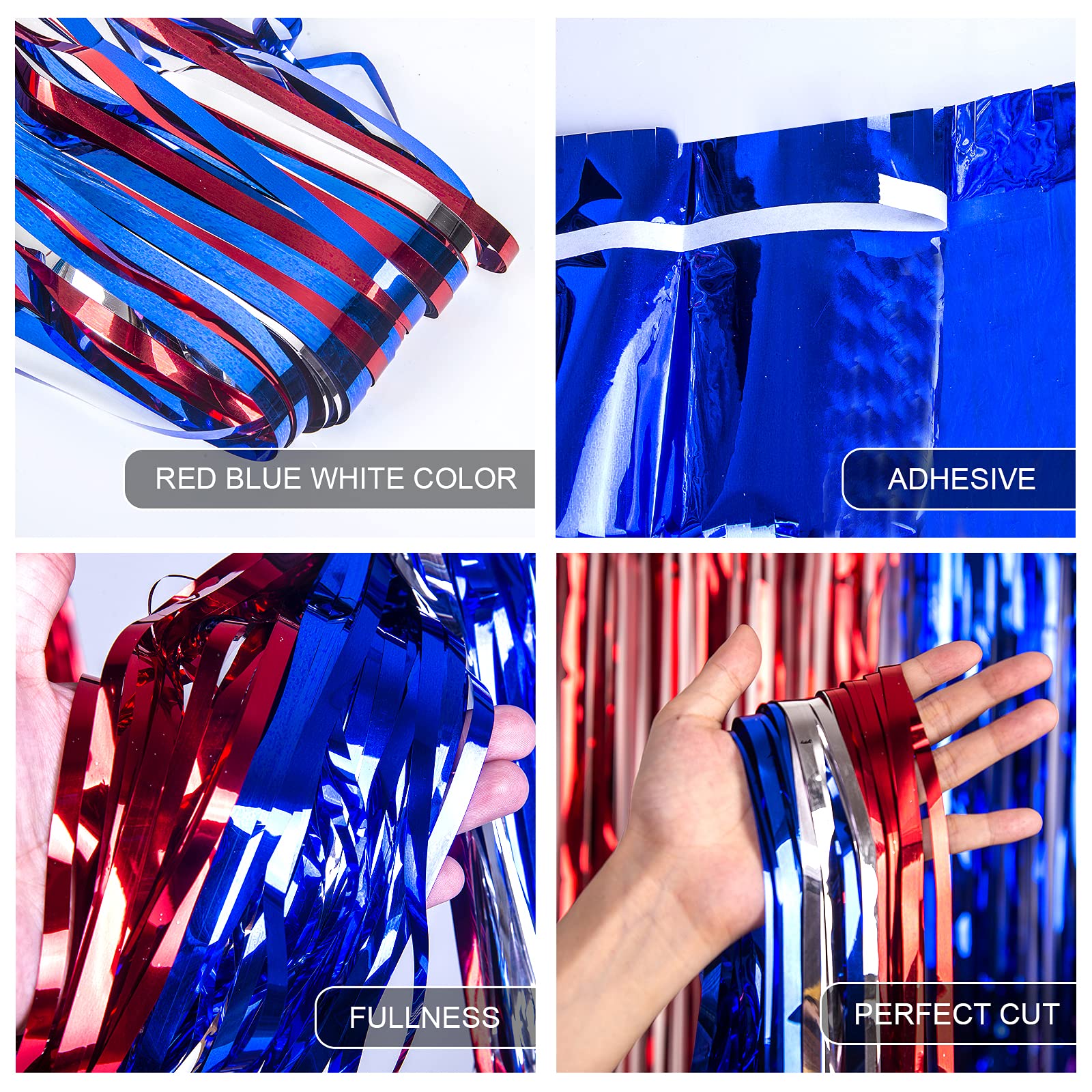Lolstar 4Th Of July Decorations,Red White And Blue 3 Pack Tinsel Foil Fringe Curtains,4Th Of July Photo Booth Prop Streamer Back