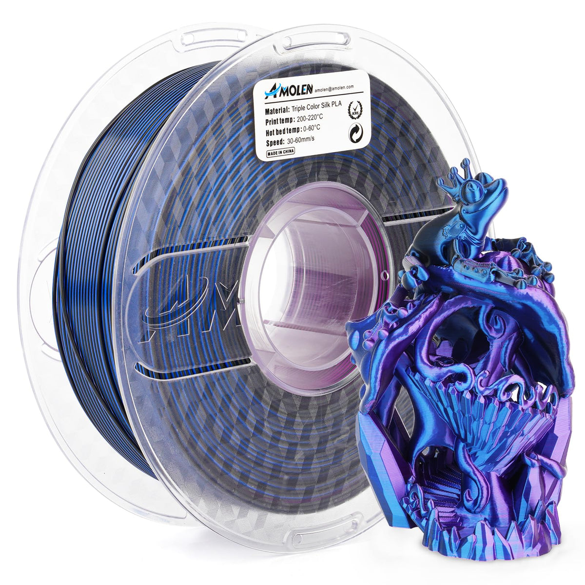 Amolen 3D Printer Filament Tri Color Silk Pla Filament 1.75Mm,Black Blue Purple 3D Printing Coextrusion Filament,1Kg/2.2Lbs