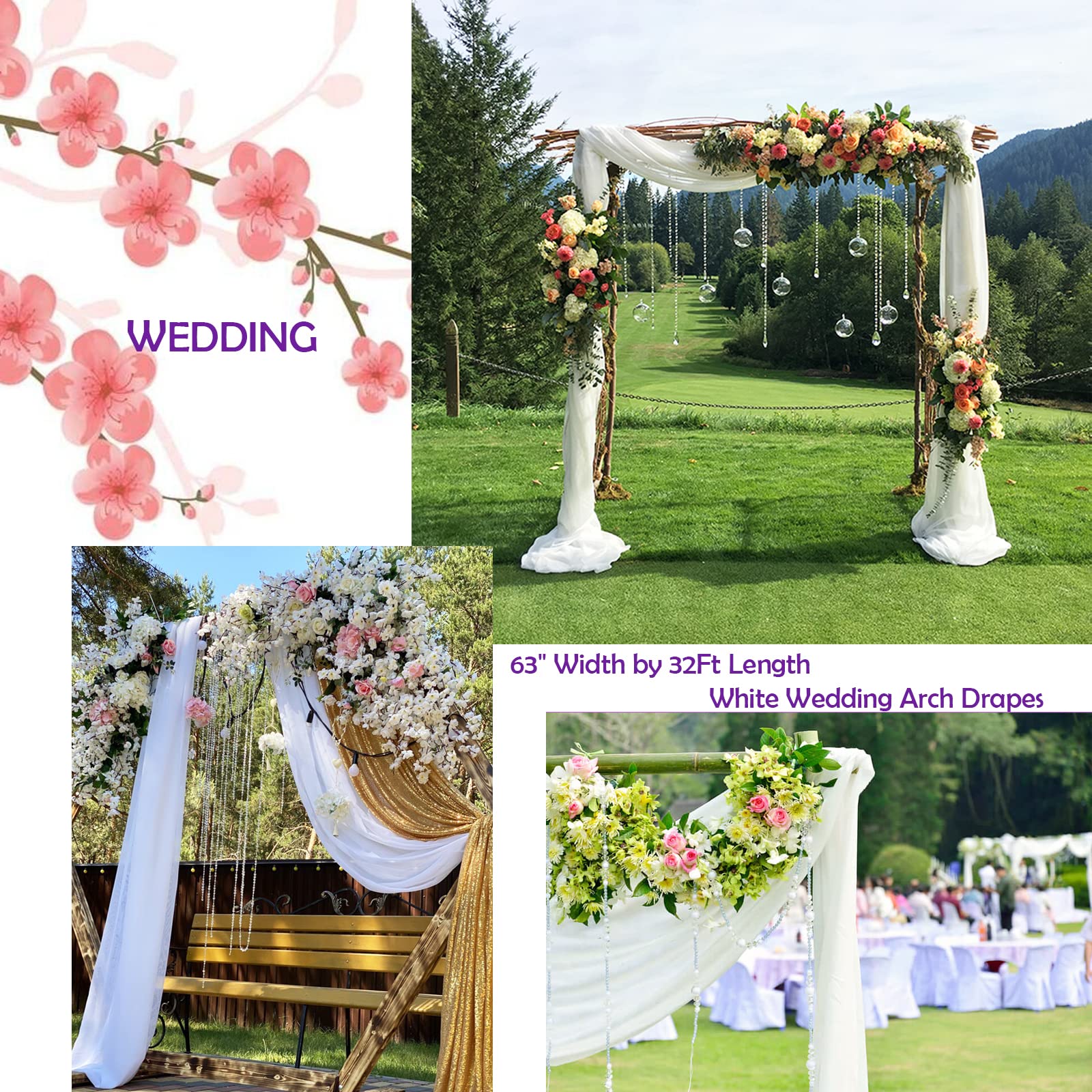 White Wedding Arch Draping Fabric, 63'' X 32Ft Wedding Arch Drapes Tulle Fabric Drapery Sheer Backdrop Curtains For Wedding Cere