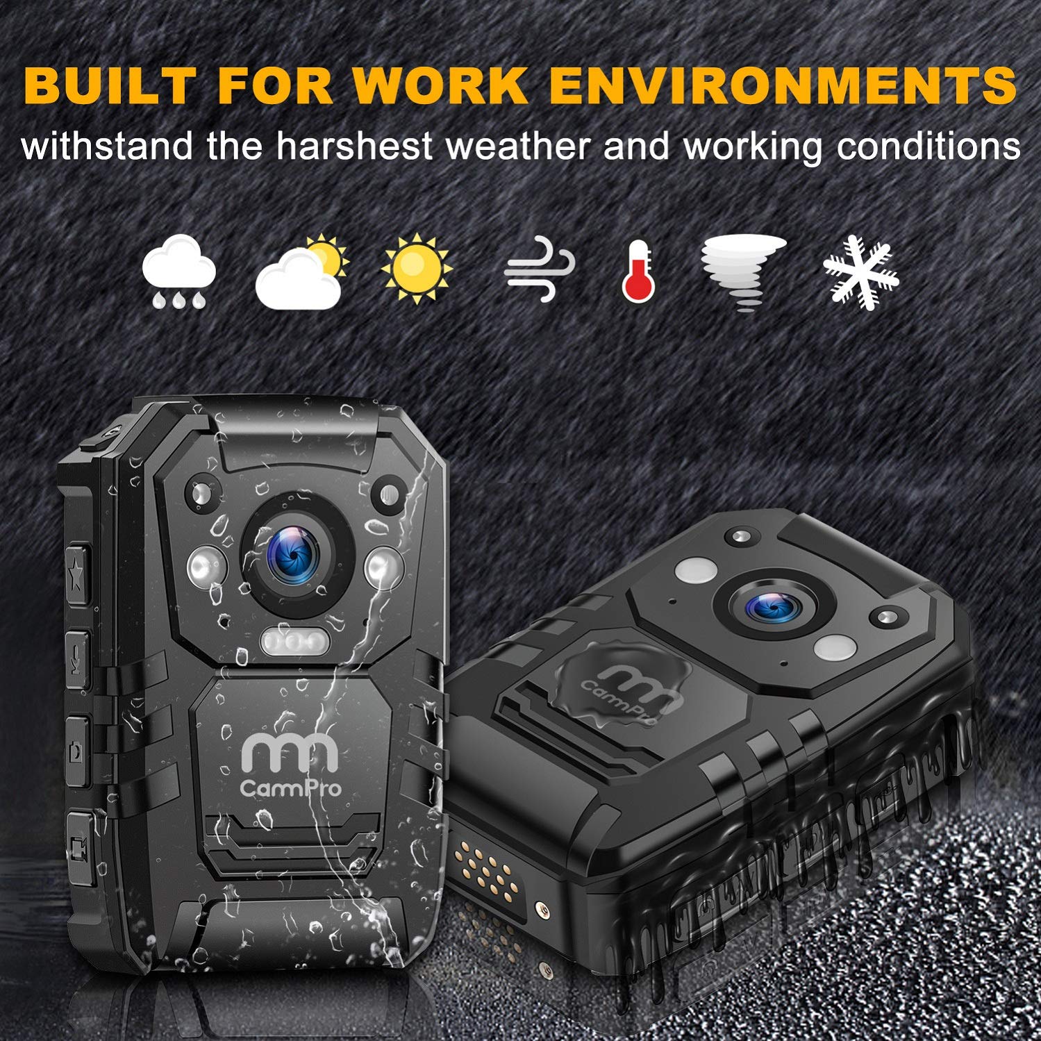 CammPro I826 1296P HD Waterproof Body Camera with 128GB Memory, Night Vision, GPS, Audio Recording - Black, Wearable for Law Enforcement