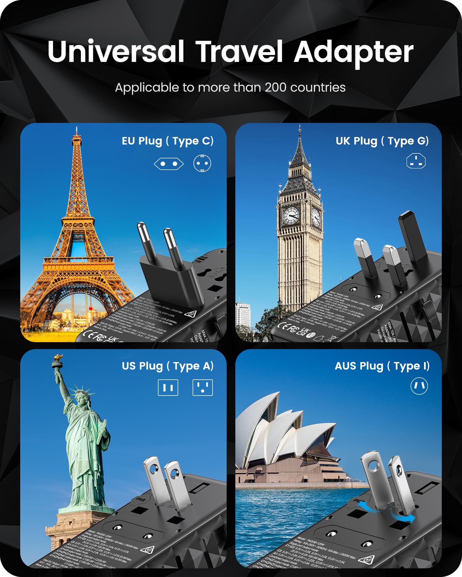 Lencent 120W International Travel Adapter, Gan Universal Travel Adapter With 1 Usb A & 3 Type C Power Adapter, Fast Charger For