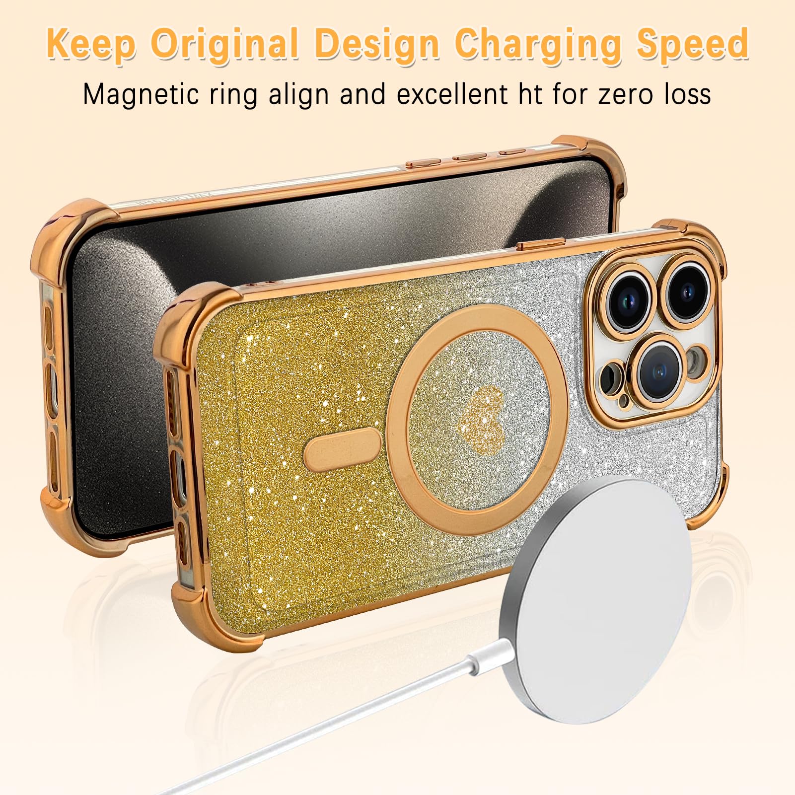 Tharlet Magnetic For Iphone 15 Pro Max Case [Compatible With Magsafe] Glitter Cute Love Luxury Plating Plating Bling Clear Phone