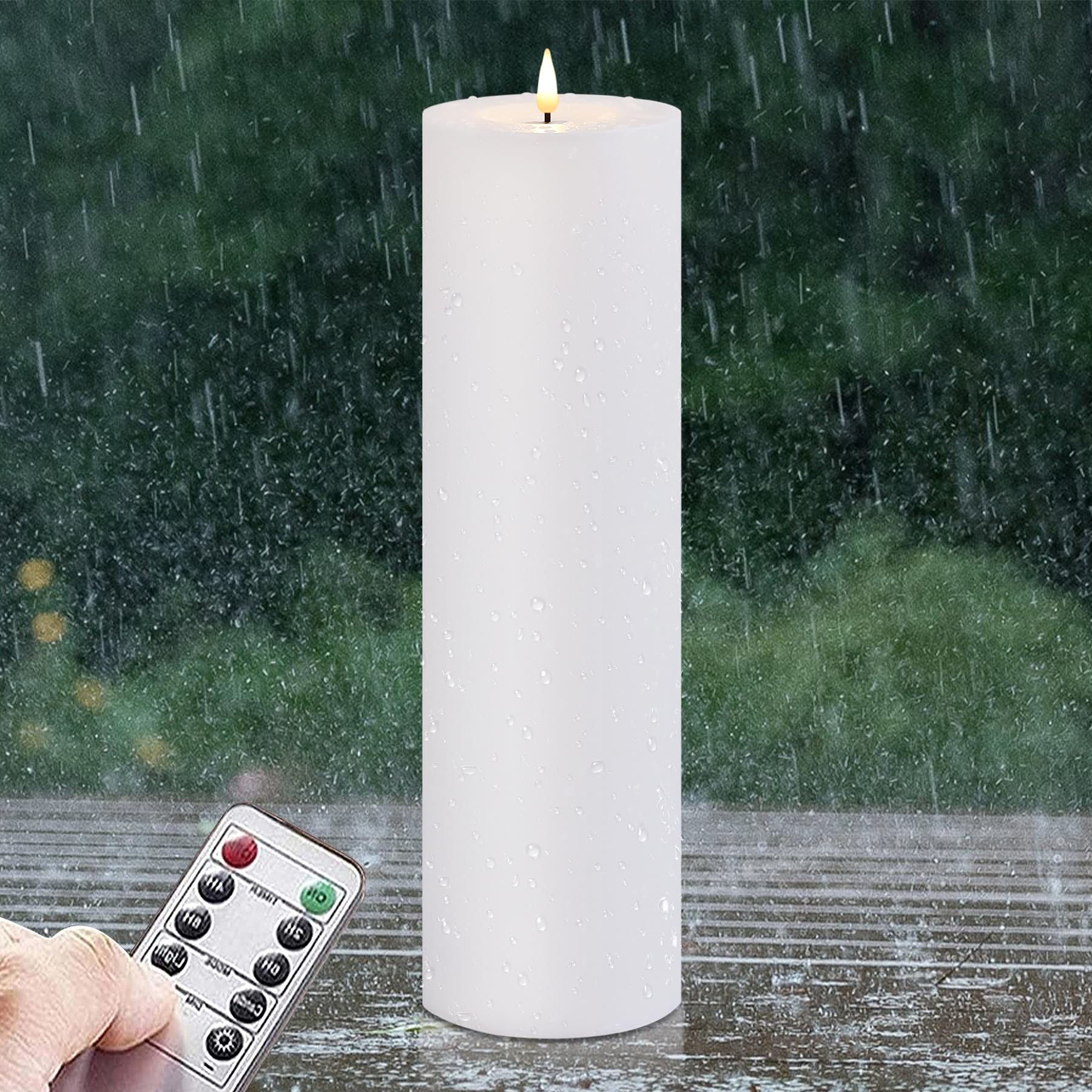 Zevanor 4 x 14 Flameless LED Waterproof Remote Pillar Candles, Timer Battery Operated Flickering Large Plastic White Outdoor Can