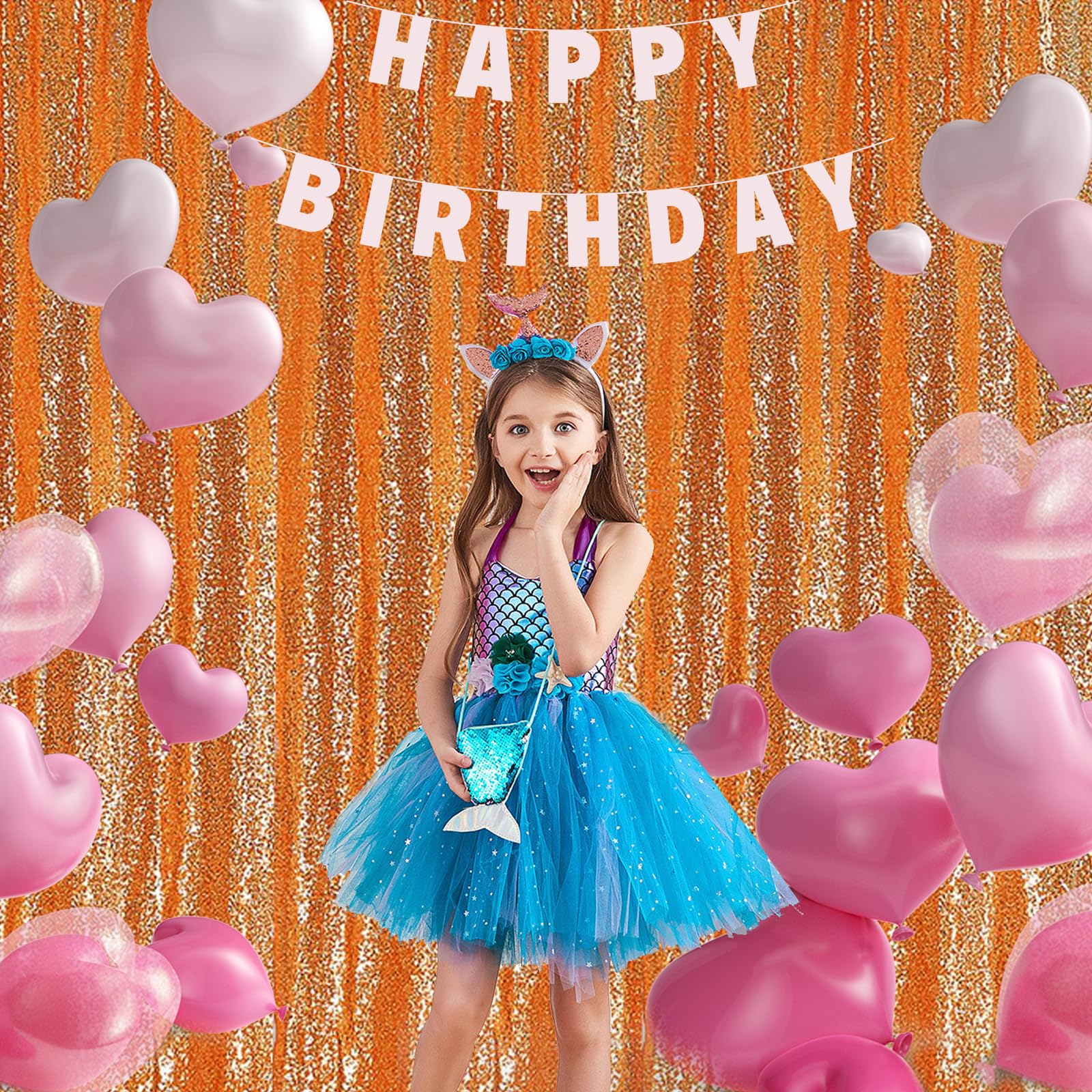 2  8Ft 2Pcs Orange Sequin Backdrop Curtains Panels, Photography Backdrop Glitter Curtains Fabric Background For Christmas Weddin