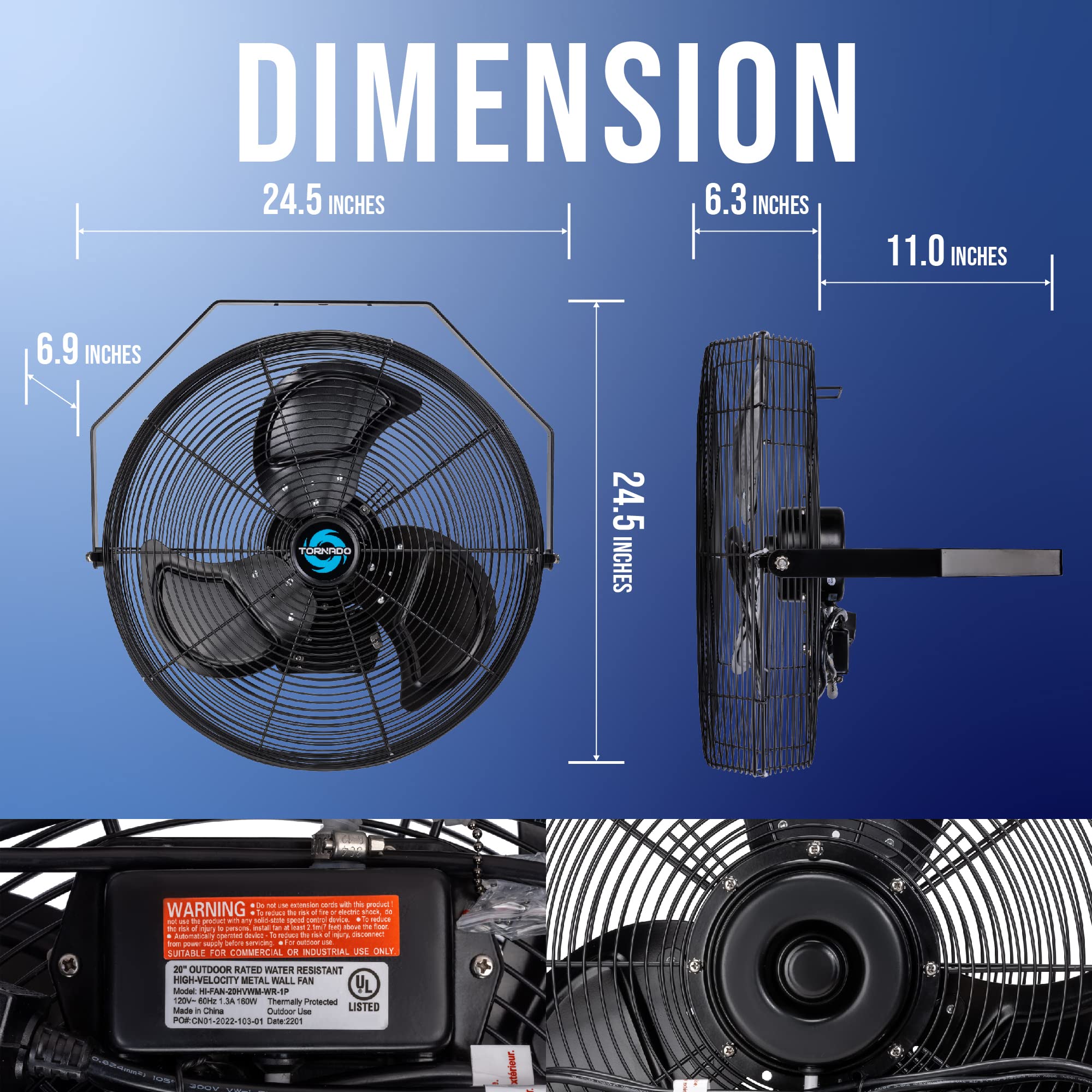 Tornado 20 Inch Outdoor Rated Ipx4 Water-Resistant High Velocity Fan Industrial Workstation Wall Mount Fan For Commercial, Indus