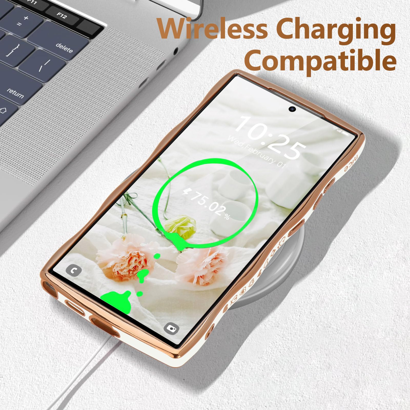 Lchulle For Samsung Galaxy S22 Ultra Case For Women Girls, Cute Wave Frame Curly Shape With Love Heart Raised Camera Protection