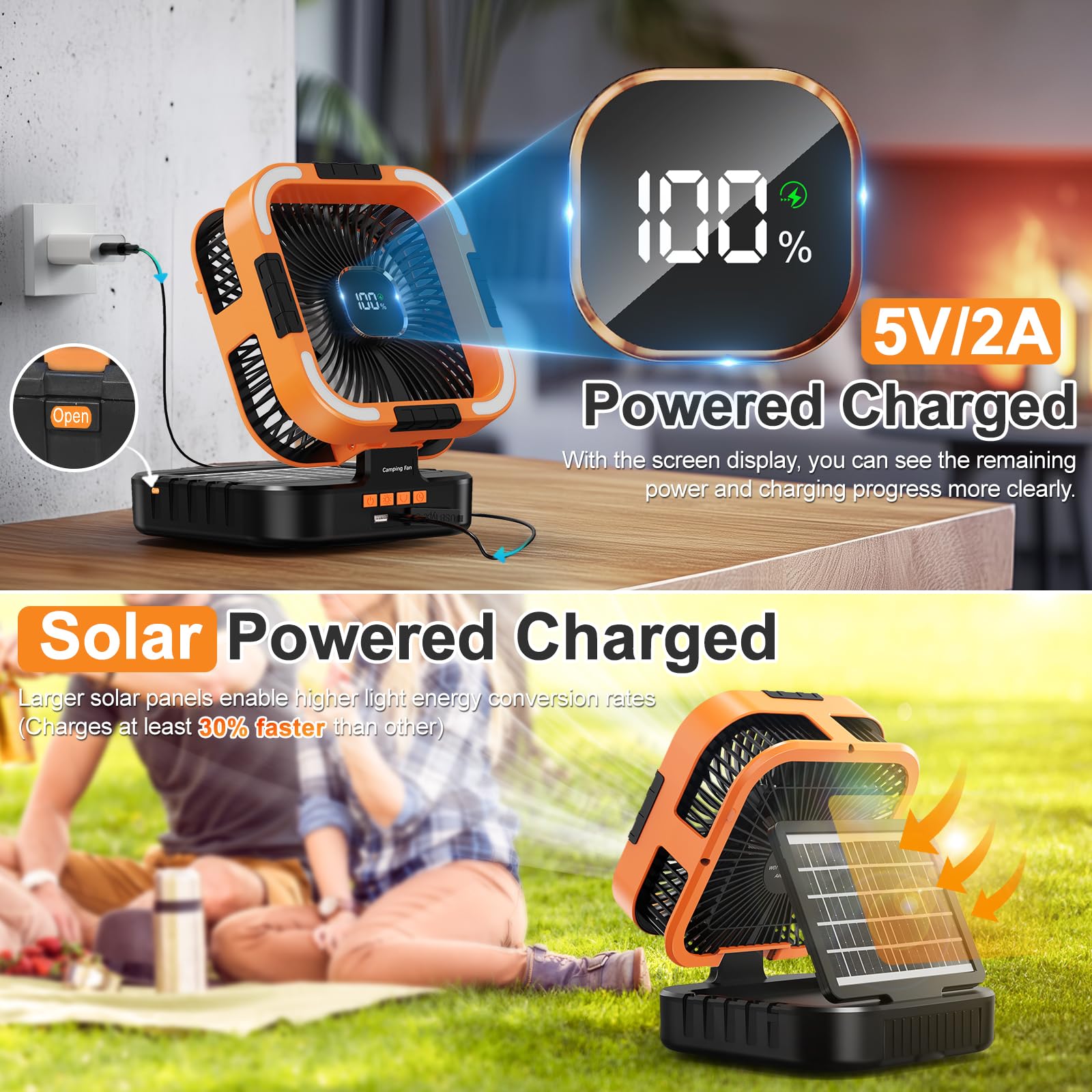 Portable Camping Fan With Solar Panel, 10000Mah Solar Powered Fan, 6 Speed Levels, 120 Oscillation, 3 Light Modes, 6H Timer, Han