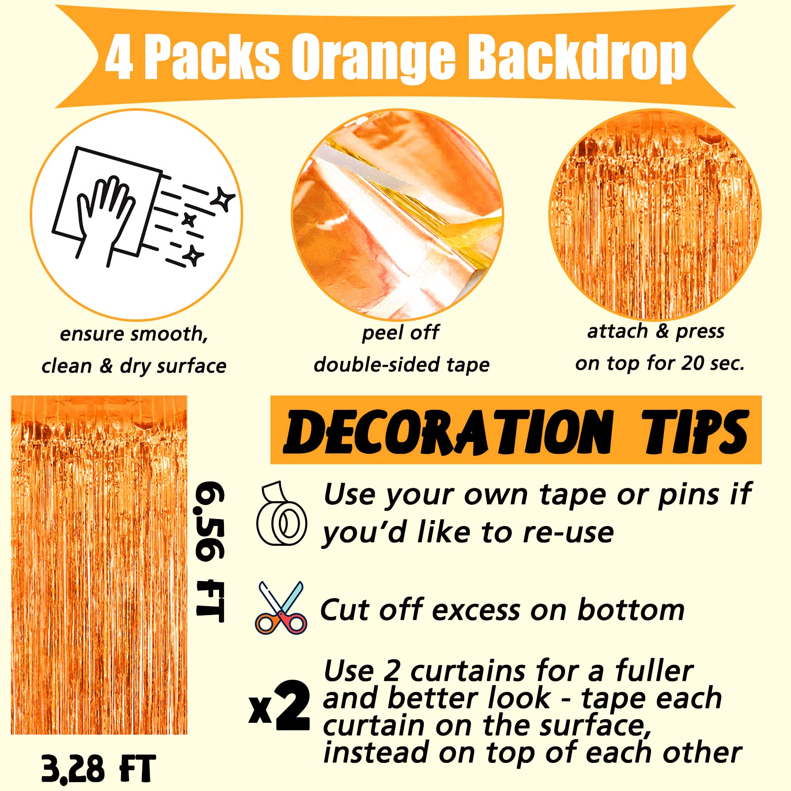 4 Pack Orange Fringe Curtain Backdrop, 3.2Ft X 6.6Ft Metallic Tinsel Foil Fringe Streamers Curtains Background For Photo Booth B