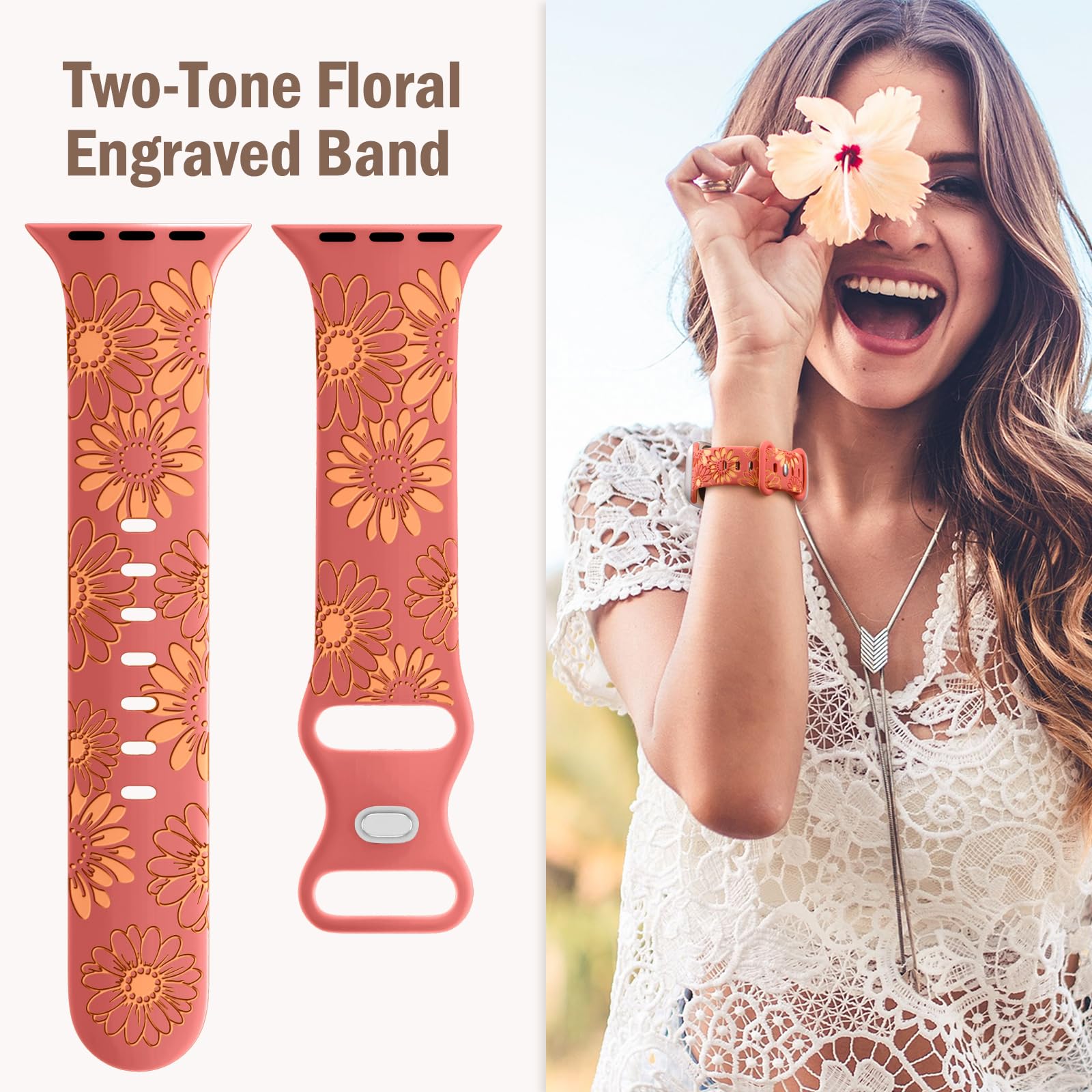 Daqin Floral Engraved Band Compatible With Apple Watch Band For Women Series 10 9 8 7 6 5 4 3 2 1,Soft Silicone Cute Flower Band