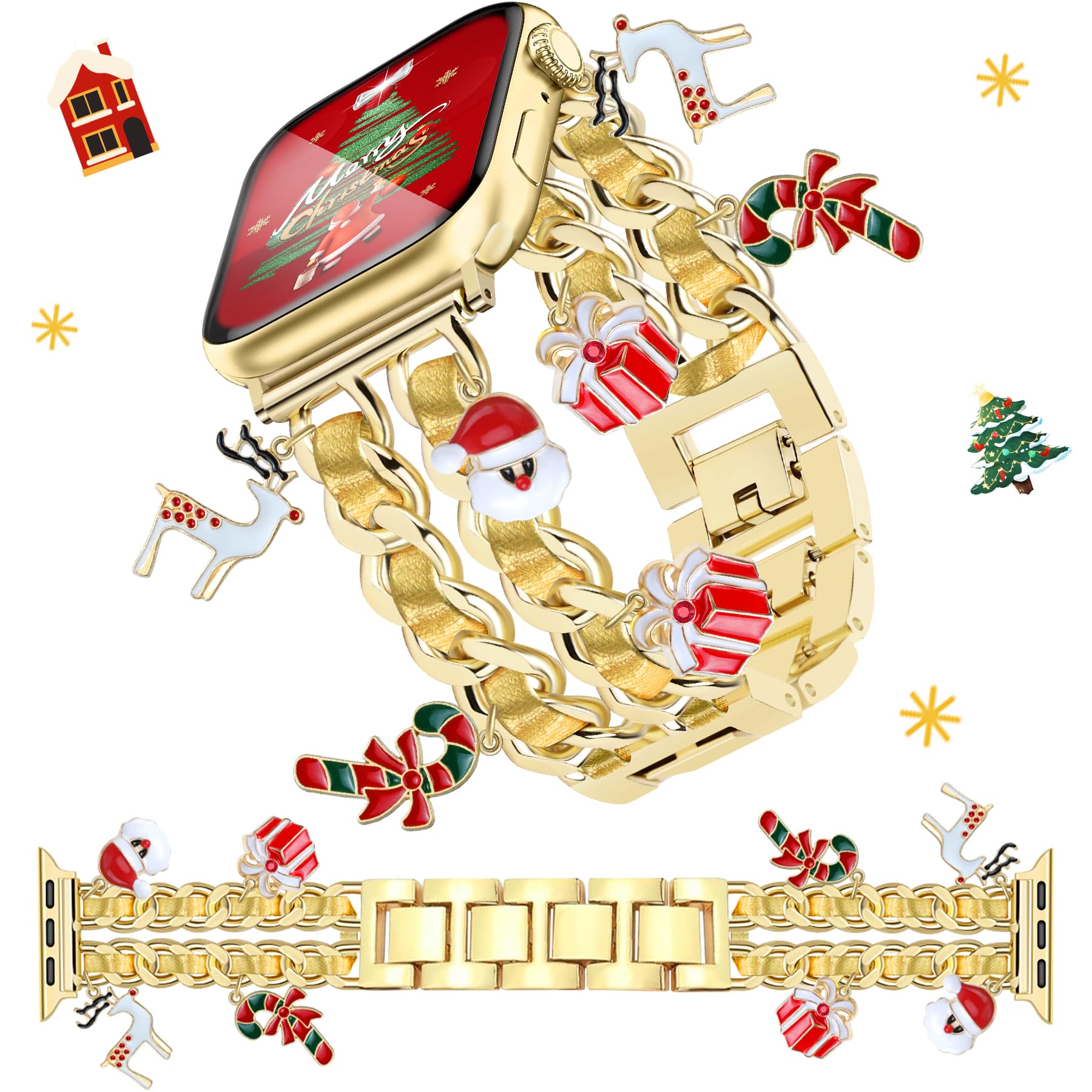 Jr.Dm Christmas Gold Watch Bands For Women Compatible With Apple Watch Band Leather 38Mm 40Mm 41Mm 42Mm (S10) Adjustable Metal B